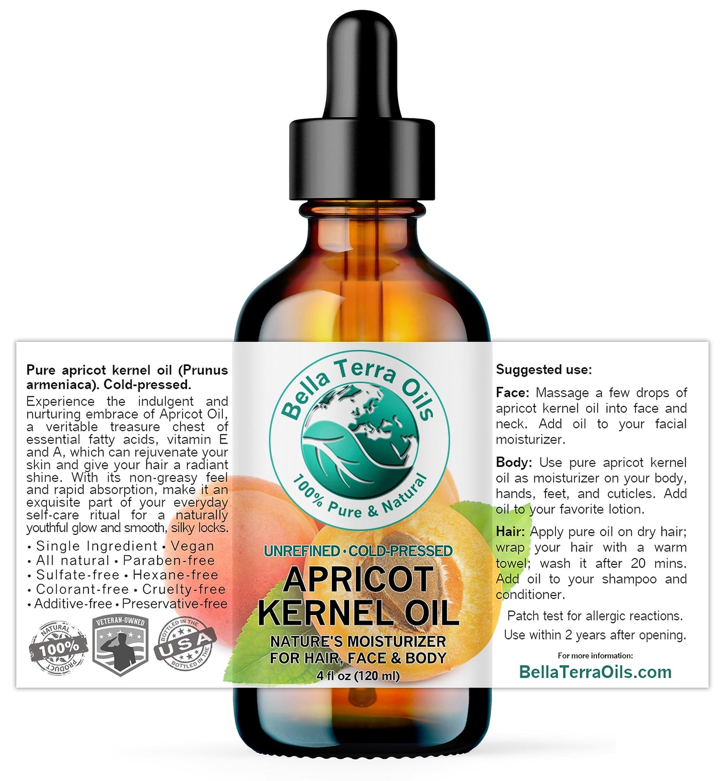 Apricot Kernel Oil 4 oz 100% Pure Cold-pressed Unrefined Organic - Bella Terra Oils