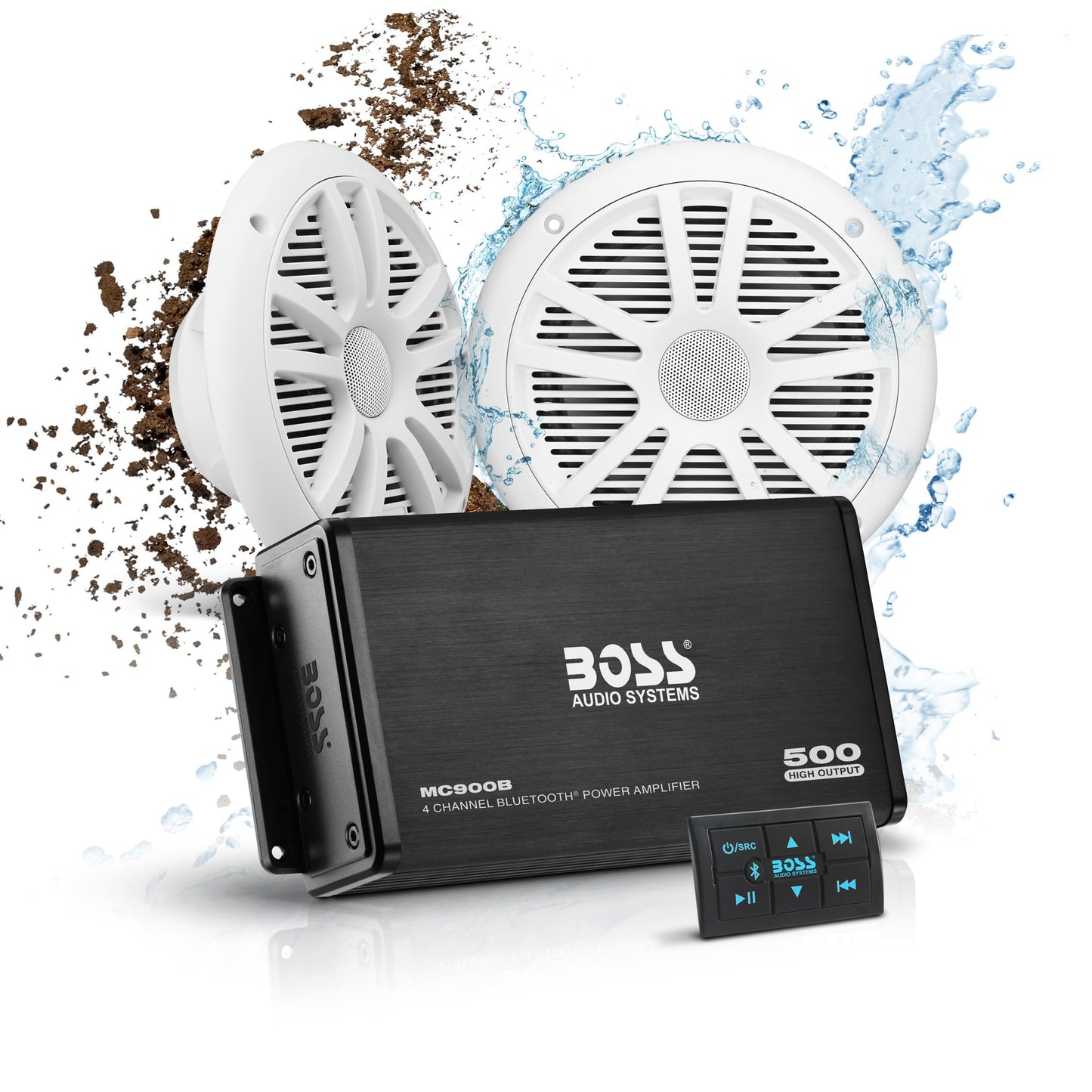 Boss Audio Marine Amplificador de 4 canales, 500 W / bocina de 16.51 cm, sistema Bluetooth de bocinas, Bluetooth remoto, USB auxiliar, interfaz de montaje, bolsa impermeable, Paquete de sistema de Amplificador + 2 bocinas, 1 pair of speakers, Blanco, negr