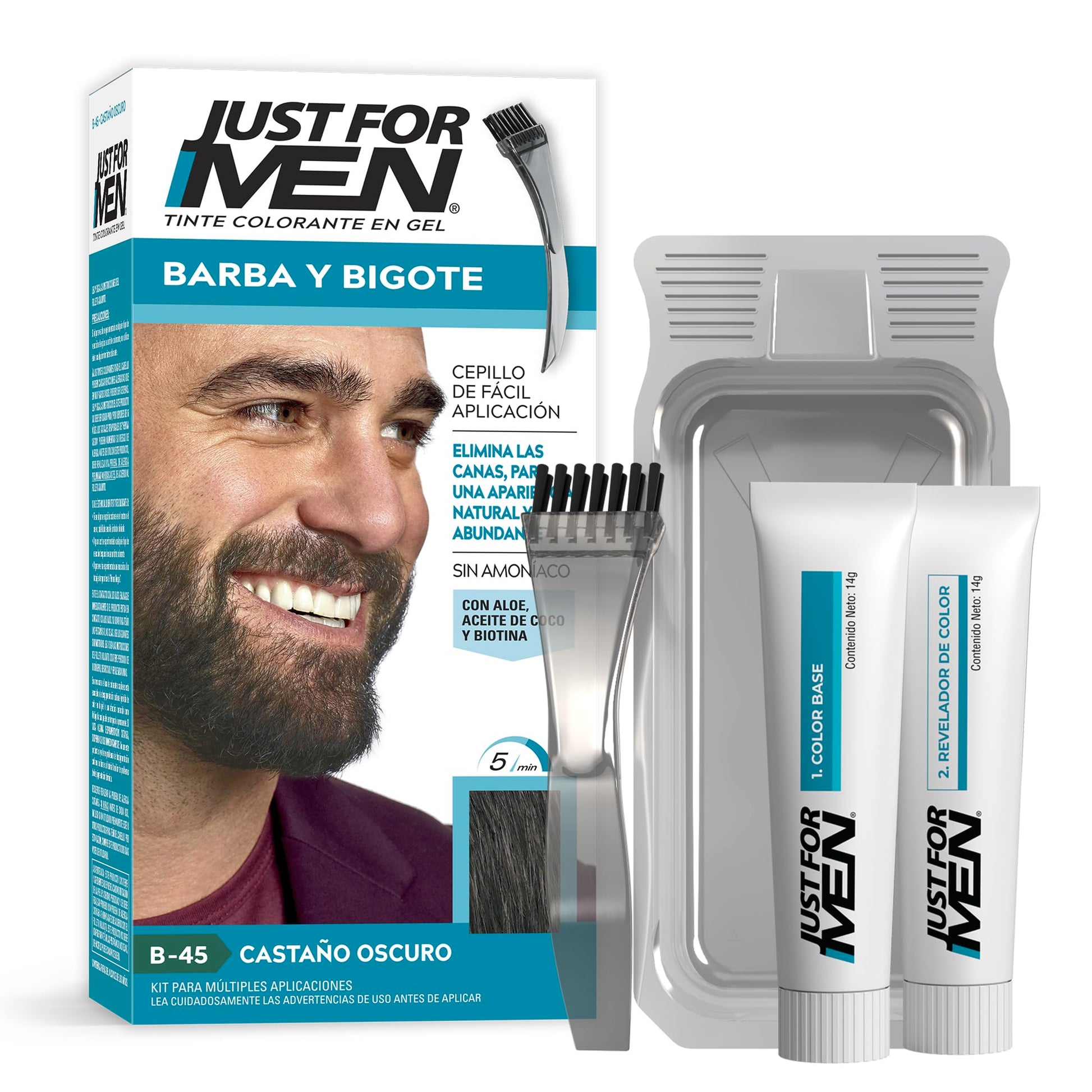 Just For Men Tinte Colorante en Gel para Barba y Bigote,Color Castaño Oscuro B45 ,Sin Amoníaco, Con Cepillo De Fácil Aplicación, 28.4g
