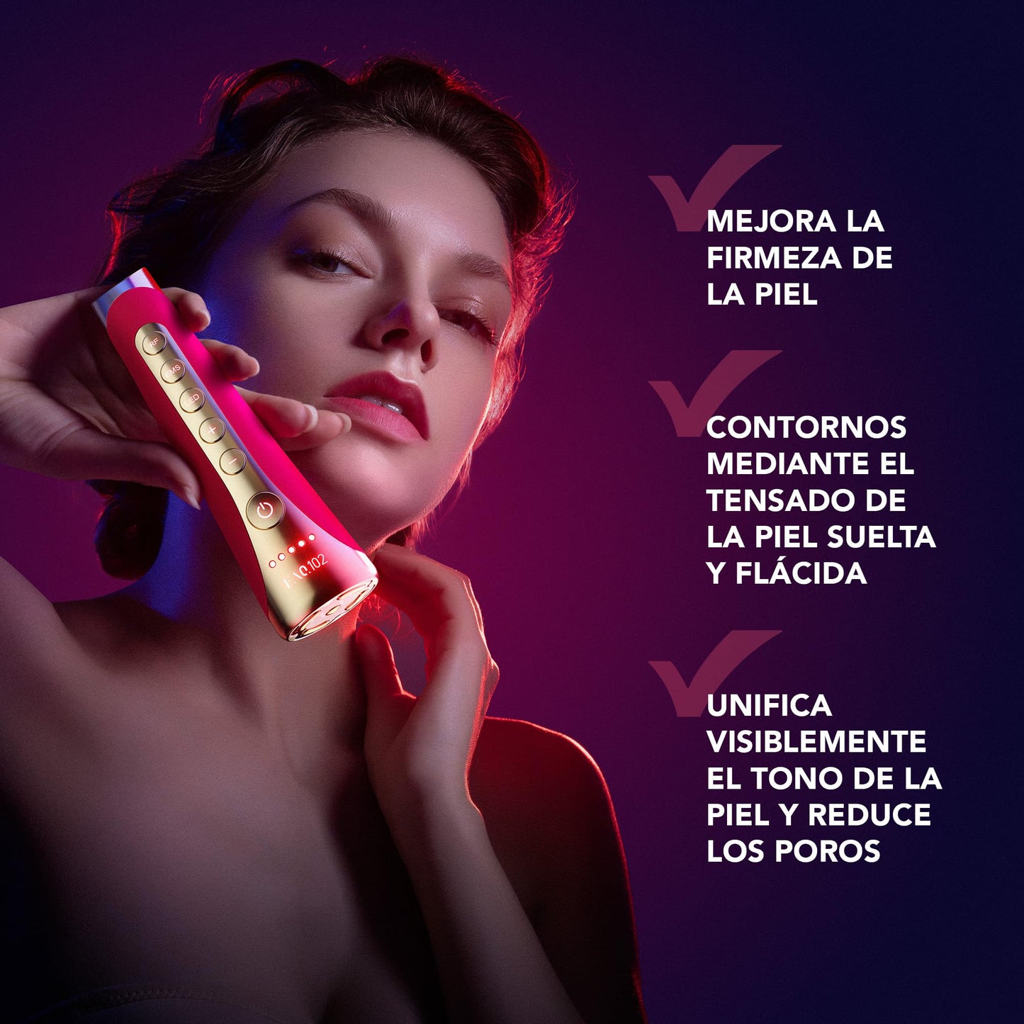 FAQ 102 Set Beauty Answer - Masajeador facial reafirmante con 8 luces LED - Radiofrecuencia facial + P1 Manuka Honey 30 ml - Preparación facial antes del cuidado - Ritual diario de belleza - Pink Ruby
