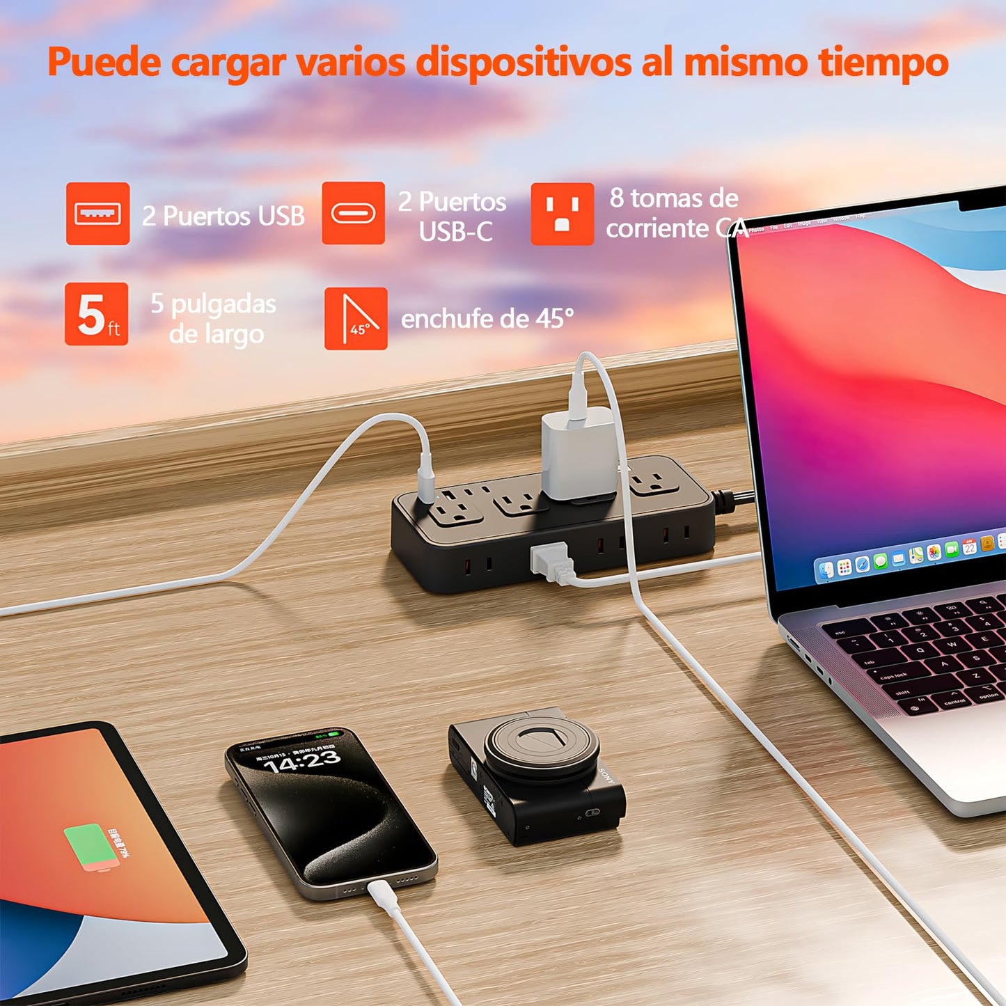 Multicontacto SSOUILI Blanco 12 en 1 con Protector de Sobretensión y Extensión Plana de 1.5M para Oficina en Casa