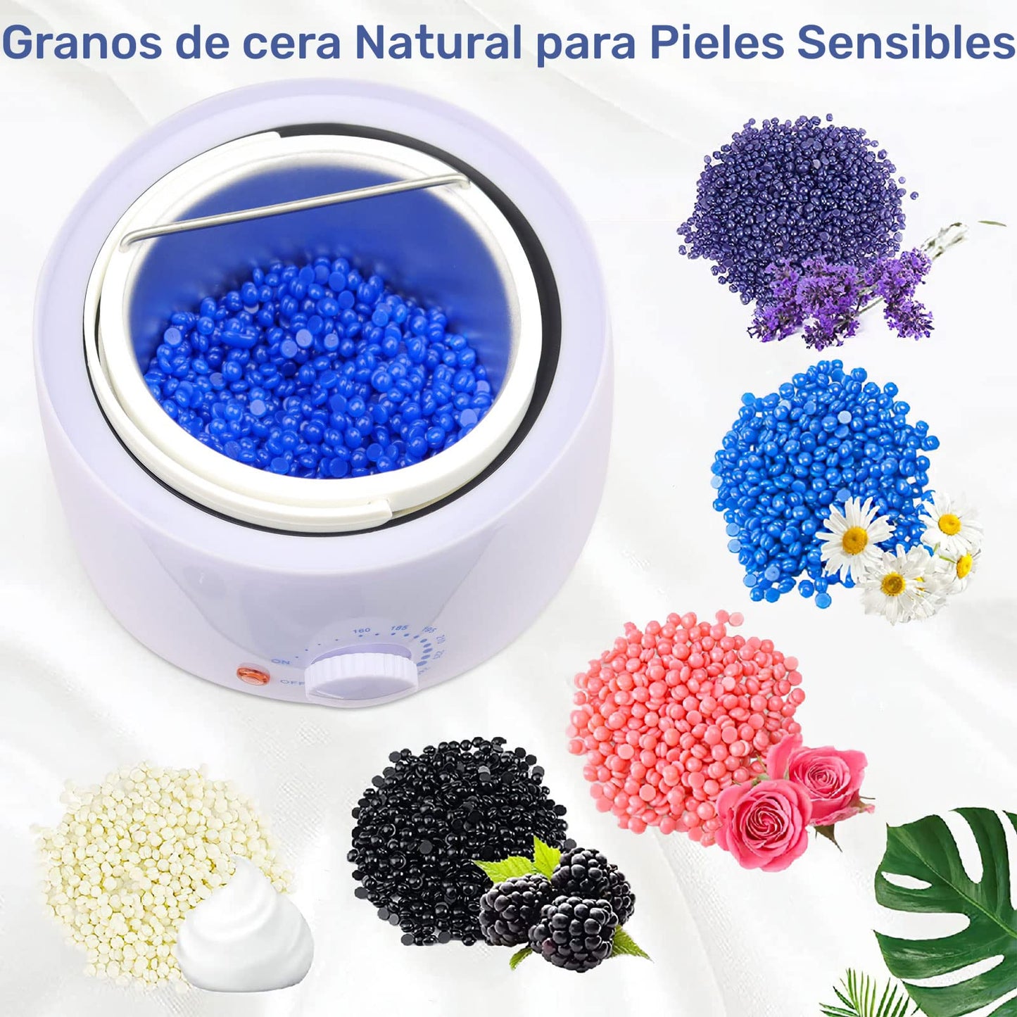 Cera para Depilar, Cera Depiladora con 500g Perlas de Cera Dura, Kit Cera Española para Depilar para Cejas | Bikini, Piernas, Axilas y Más, Calentador de Cera Eléctrico para Depilación con 20 Espátulas y 2 Frascos de Spray Tratante (Blanco)
