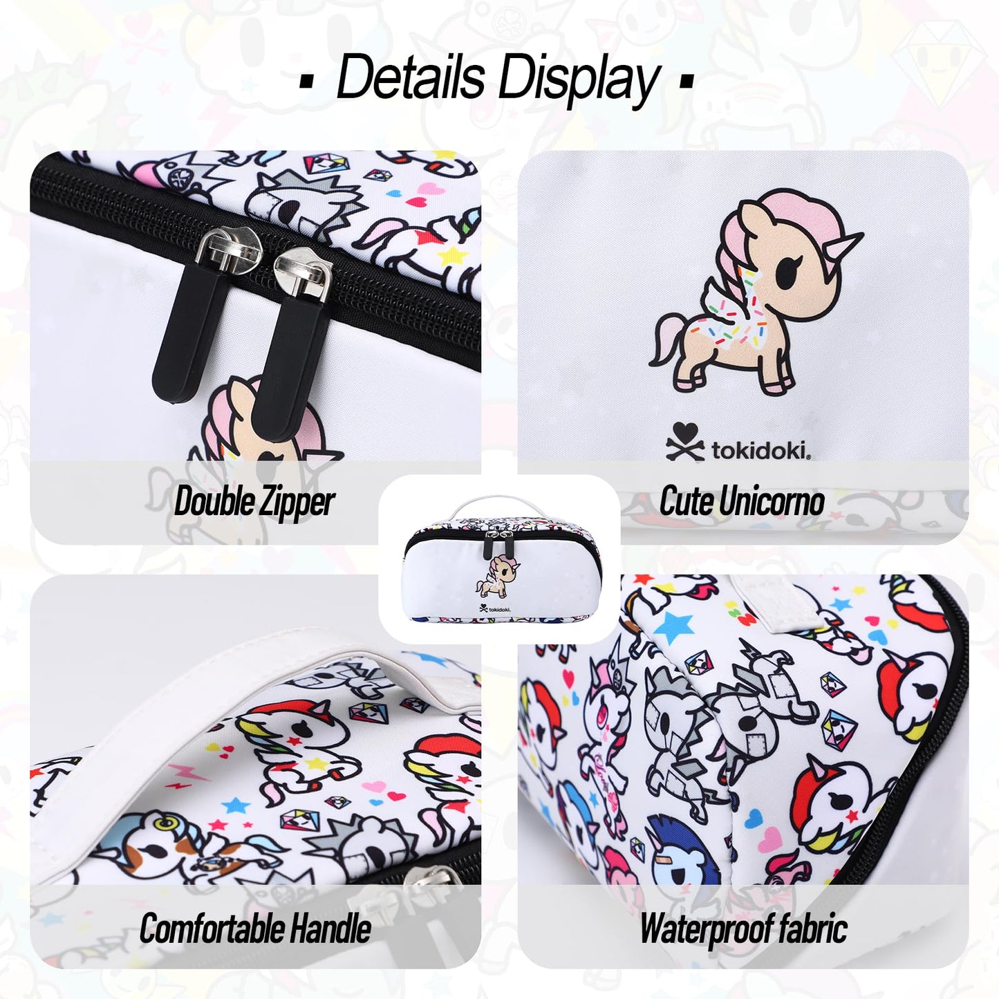 Tokidoki Unicorno Bolsa de maquillaje de viaje, bolsa de aseo plana abierta de gran capacidad, bolsa de cosméticos con asa y divisor, bolsa de maquillaje portátil de dibujos animados, Blanco