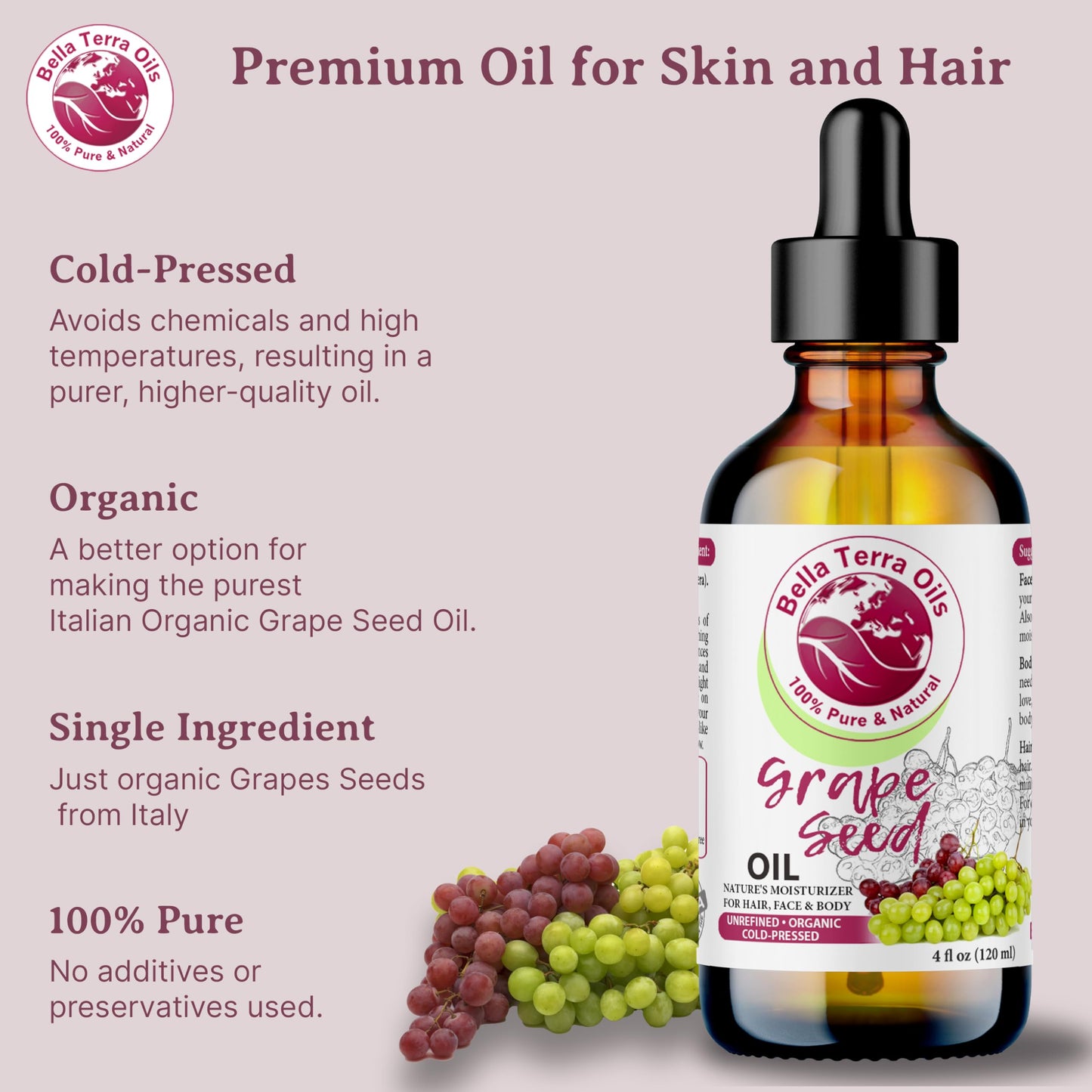NEW Grape Seed Oil. 4oz. Cold-pressed. Unrefined. Organic. 100% Pure. Rich in vitamins. Hexane-free. Rejuvenates Skin. Softens Hair. Natural Moisturizer. For Hair, Skin, Nails, Beard, Stretch Marks.