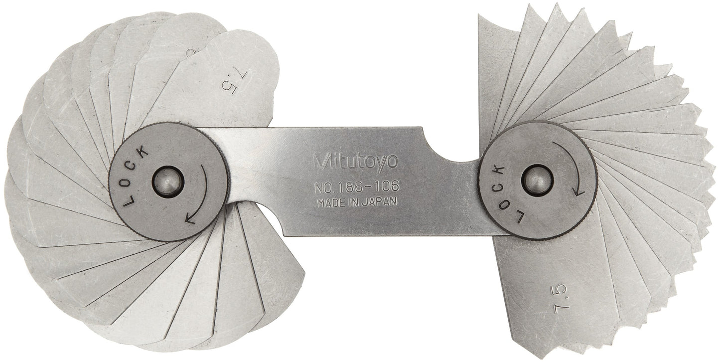 Mitutoyo 186-106, juego de indicadores de radio, 32 pares de hojas, 7,5 mm a 15 mm por 0,5 mm