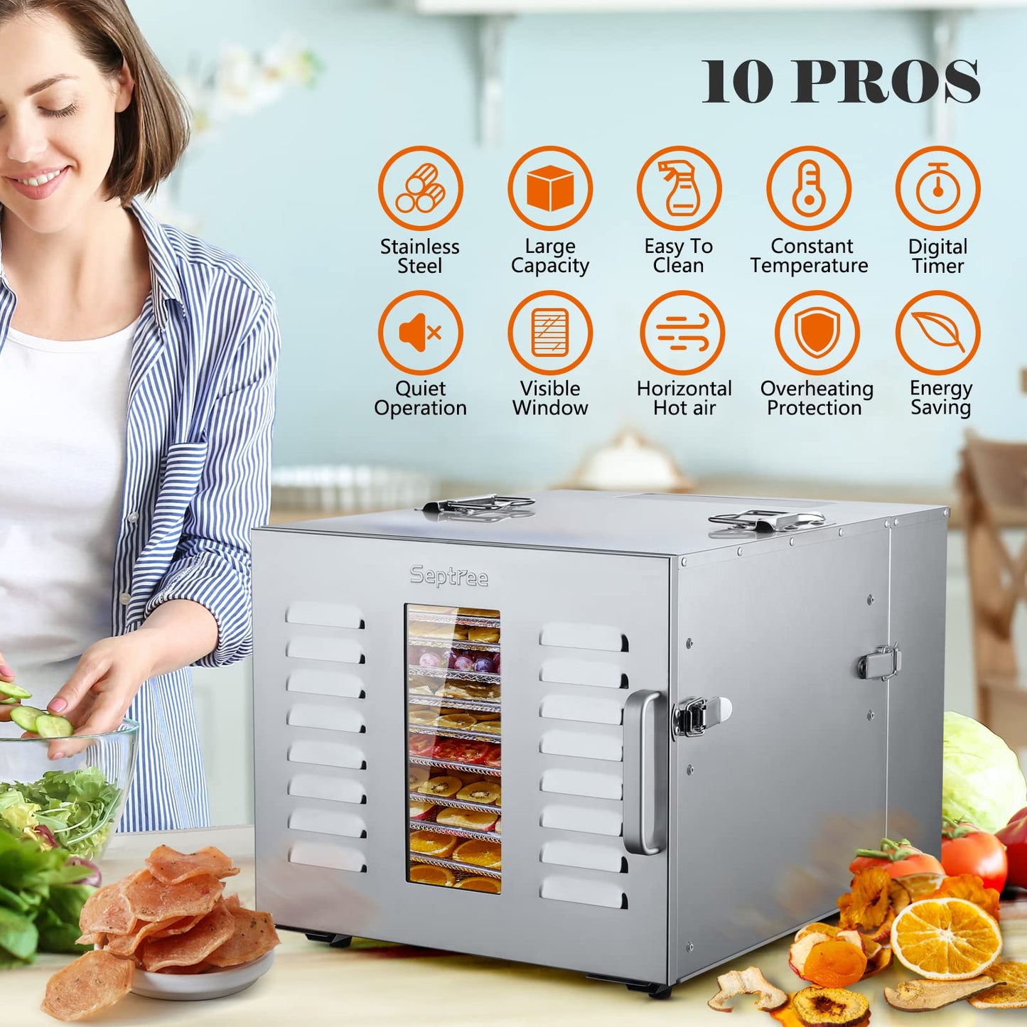 Deshidratador Comercial Septree Acero Inoxidable con 10 Charolas desmontable 1000 W 190°F