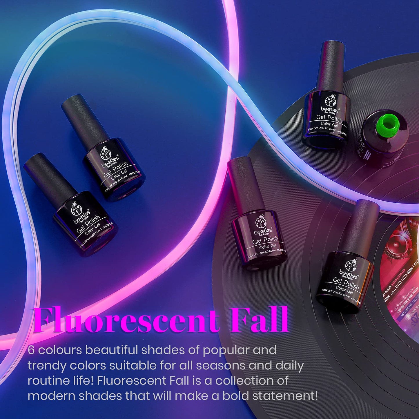 Beetles Esmaltes en Gel de Neón - 6 Colores Naranja neón Rosa Fuerte Azul Esmalte de Uñas de Gel Amarillo Verde Púrpura Esmalte de Gel Empapa Lámpara LED Kit de Uñas de Gel