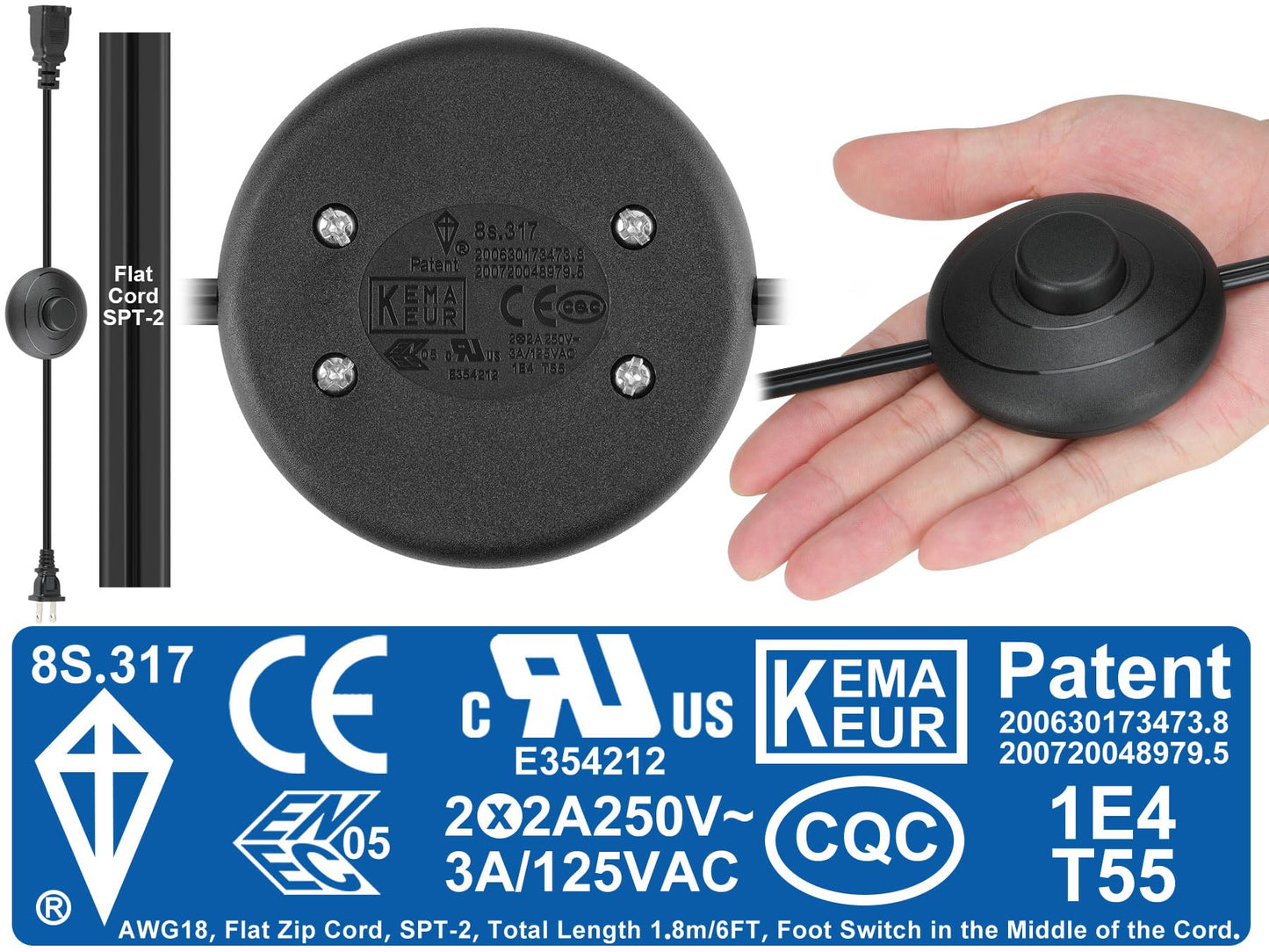 Coolneon - Interruptor de pie de apagado/encendido de 182.88 cm en el medio del cable de cierre, enchufe polarizado, AWG18 250 VAC cable de extensión para lámpara de pie, lámpara de mesa