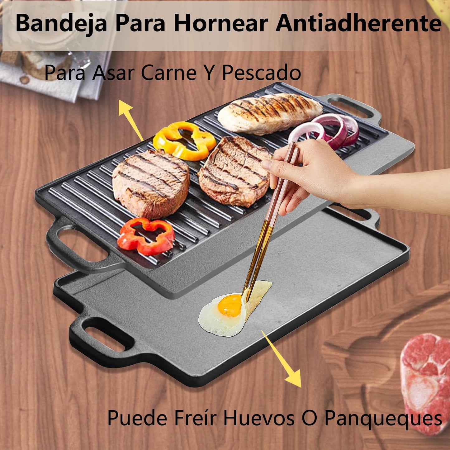 Plancha para Parrilla de Hierro Fundido Reversible Fácil de Limpiar Antiadhesiva 50.5 * 23.5cm para Estufas de Gas y Barbacoas