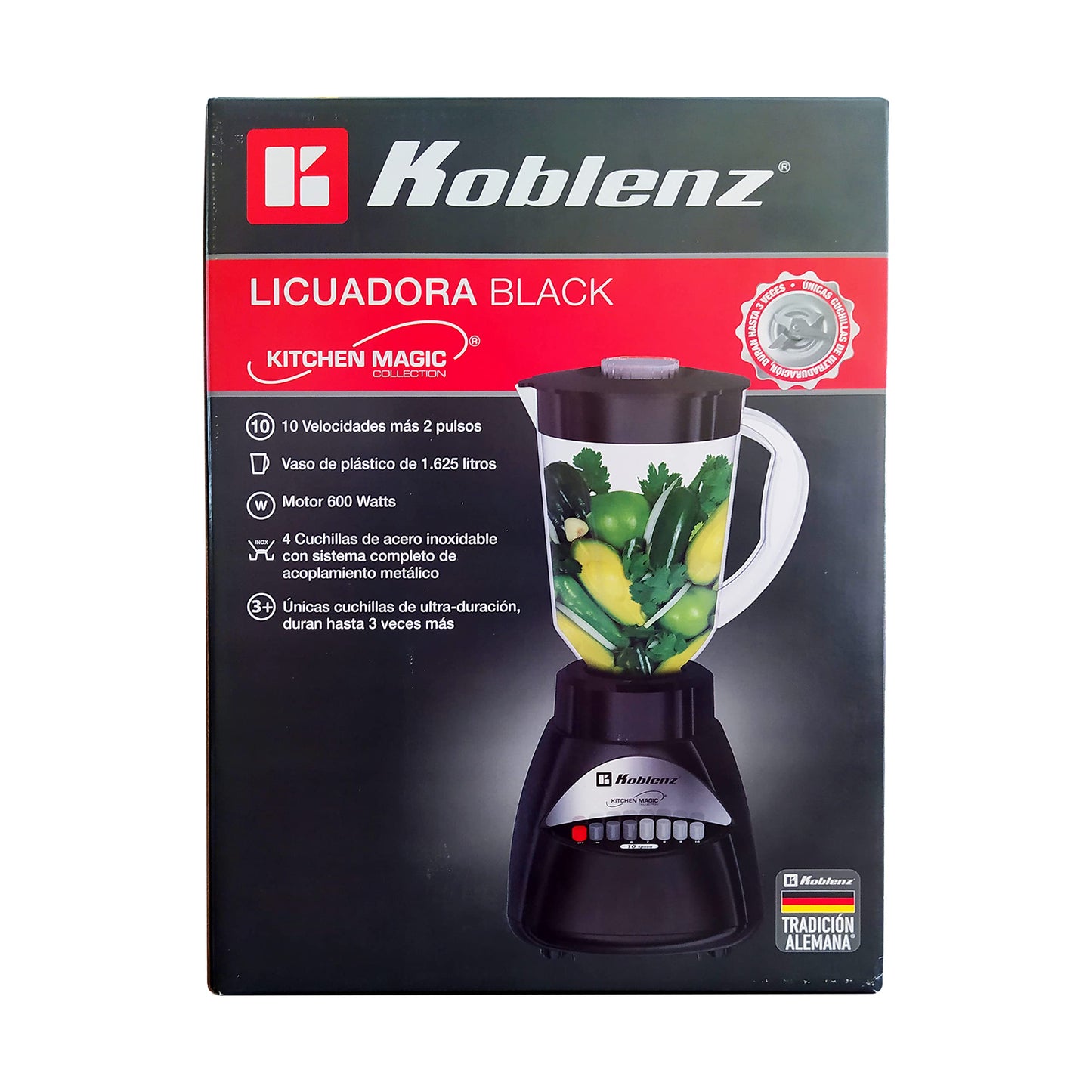 KOBLENZ Licuadora Black, Kitchen Magic Collection, Mod. LKM-3910 PN, 600 Watts, 10 velocidades más 2 pulsos y 4 cuchillas de acero inoxidable