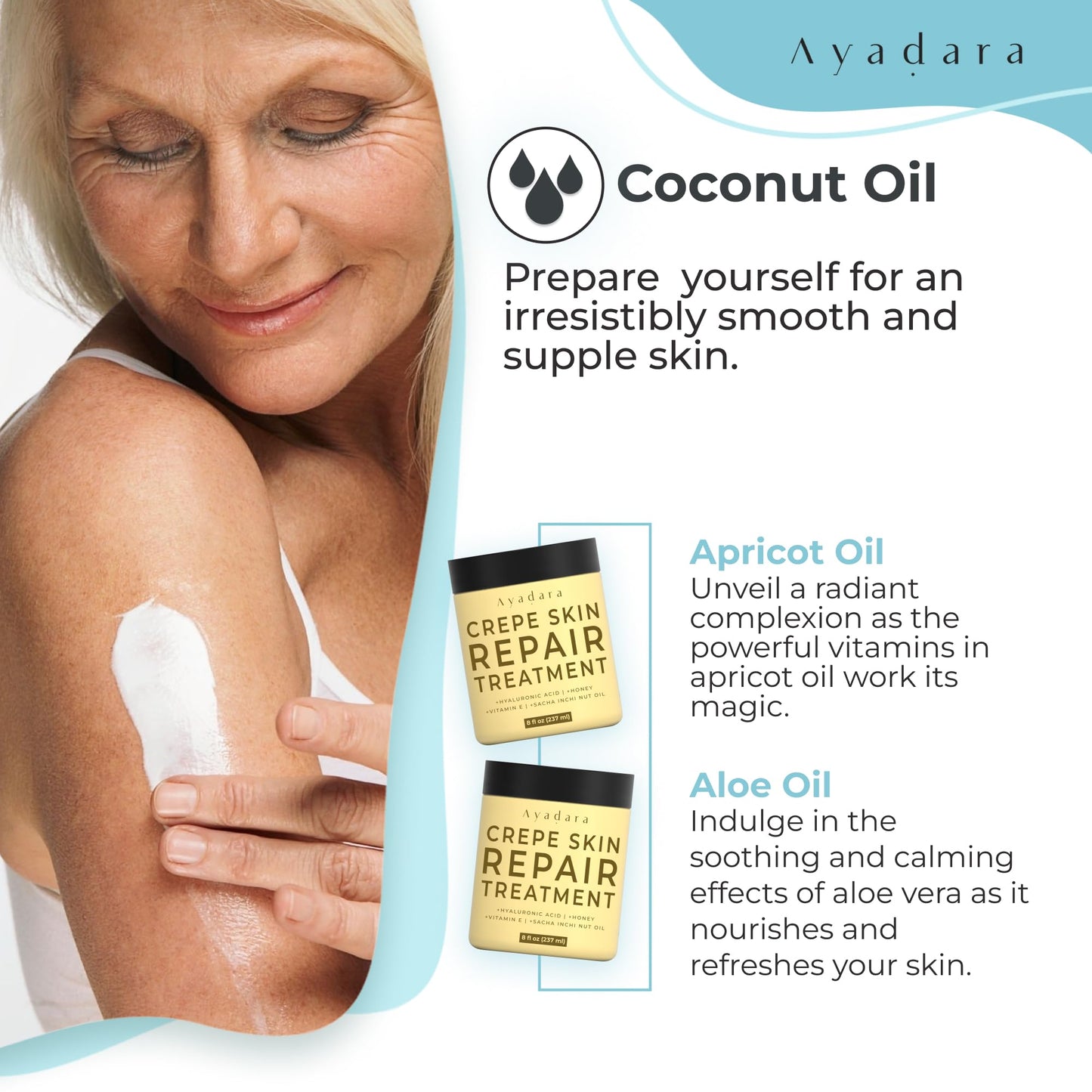 Ayadara Crepey Tratamiento reparador de la piel para brazos y piernas, crema reafirmante de ácido hialurónico para el cuello, crema antiarrugas para la cara, 8 onzas líquidas (237 ml)