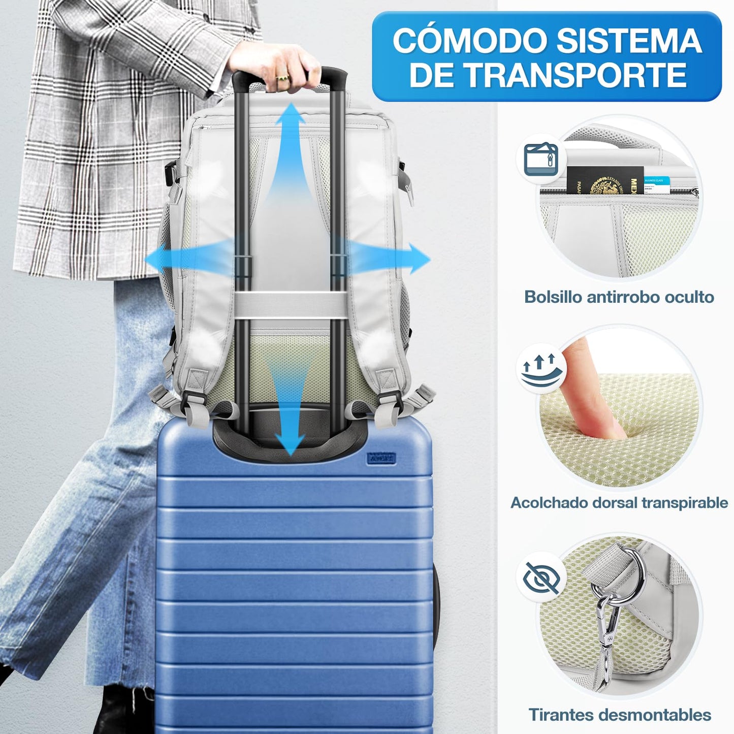 Mochila de Viaje Unisex Gris Impermeable con Compartimentos para Objetos Secos y Húmedos