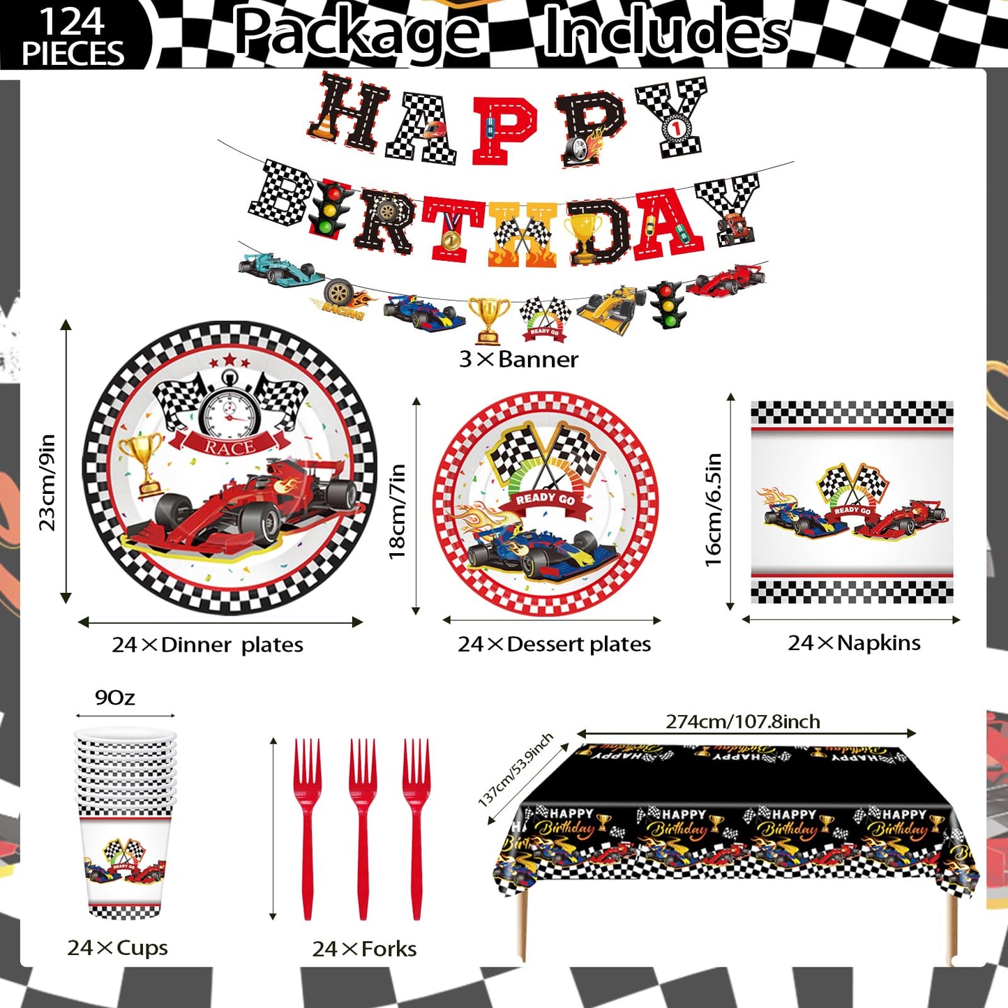 Bzxxysi - Juego de vajilla para fiesta de cumpleaños para coche, diseño rojo y negro, incluye platos, servilletas, tazas, tenedores, mantel, pancartas para 24 invitados