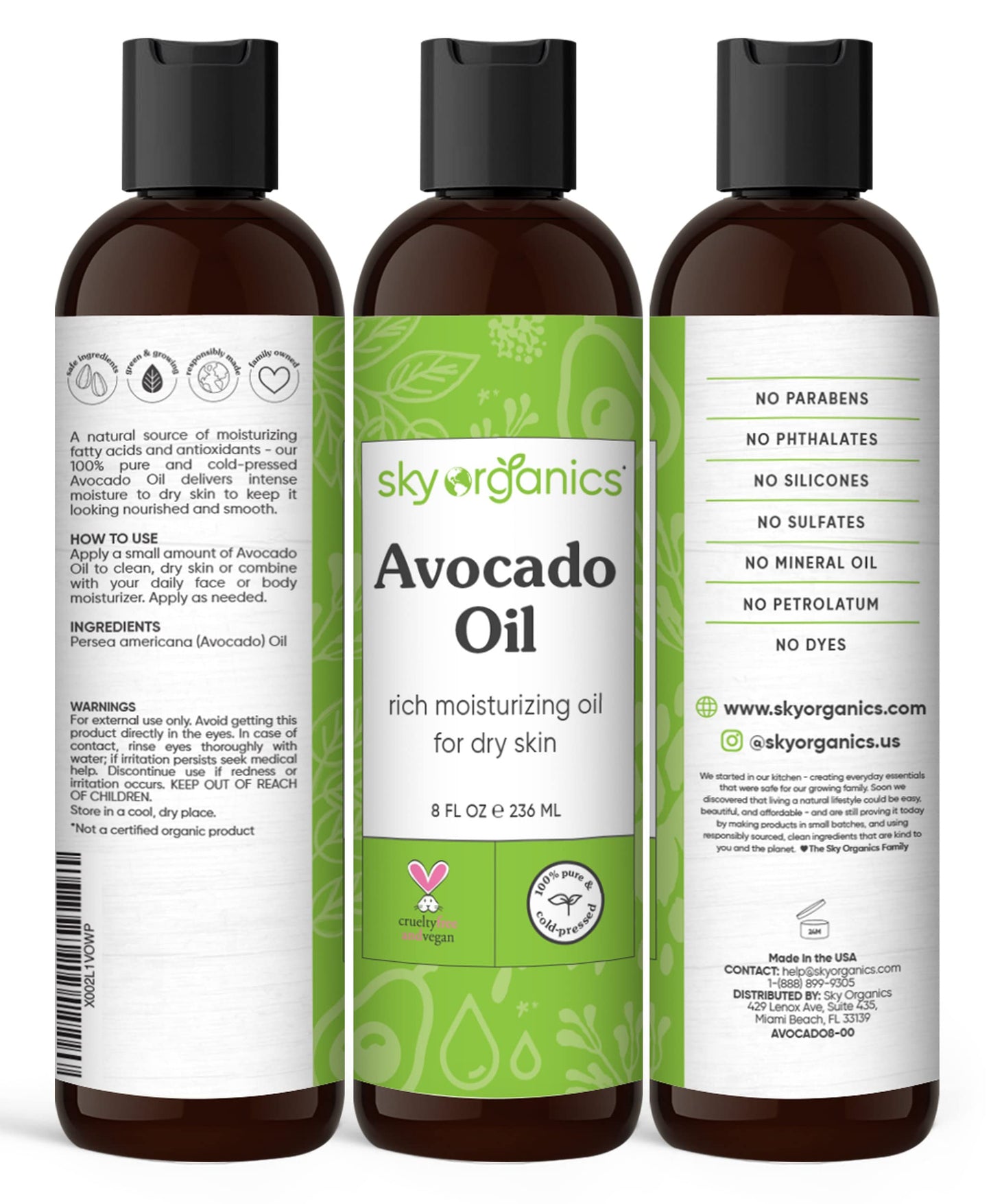 Avocado Oil by Sky Organics - 100% Pure, Natural & Cold-Pressed Avocado Oil - Ideal for Massage, Cooking and Aromatherapy- Rich in Vitamin E and Oleic Acid - 8oz