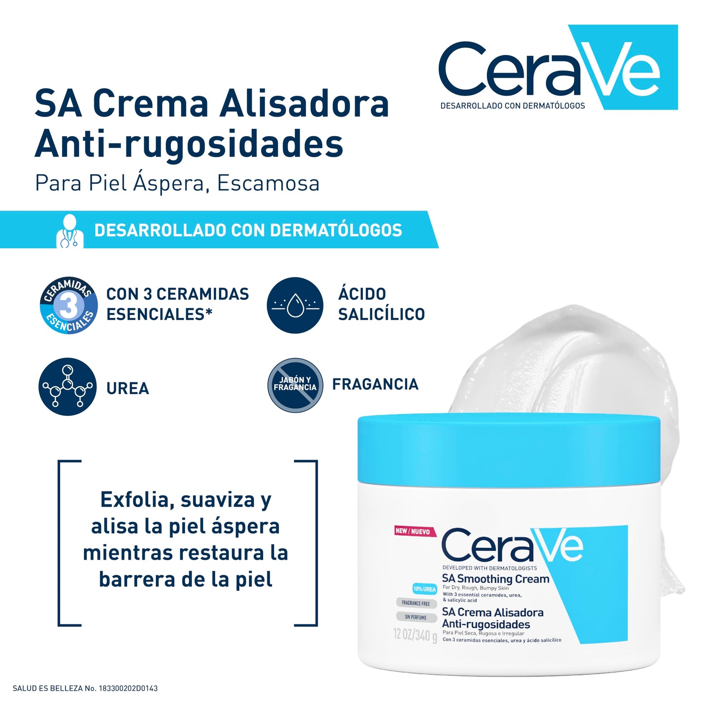 CeraVe Crema Alisadora Anti-Rugosidades con Fórmula Exfoliante para Piel Seca, Áspera y Rugosa 340gr