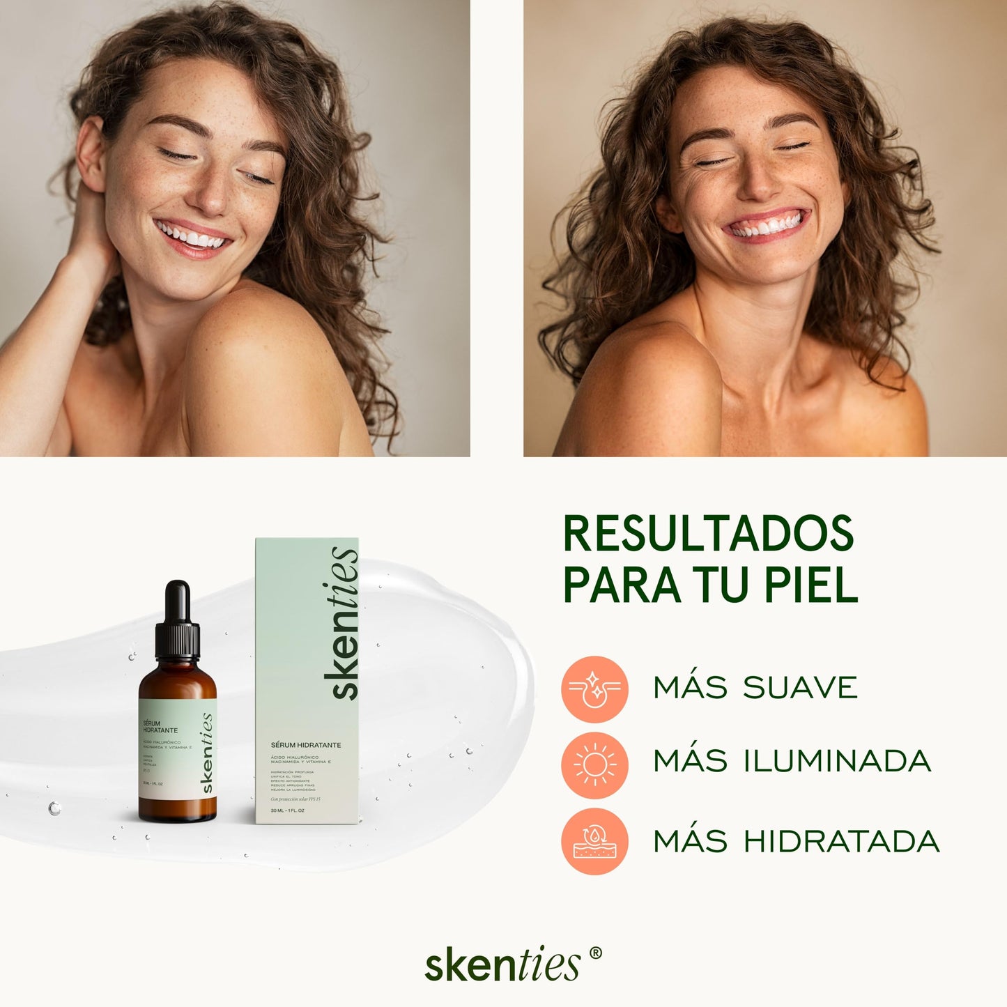 Skenties Sérum Hidratante con Ácido Hialurónico, Niacinamida y Vitamina E - Controla Grasa, Reduce Poros e Imperfecciones - FPS 15 - Hidratación Profunda - 30 ml