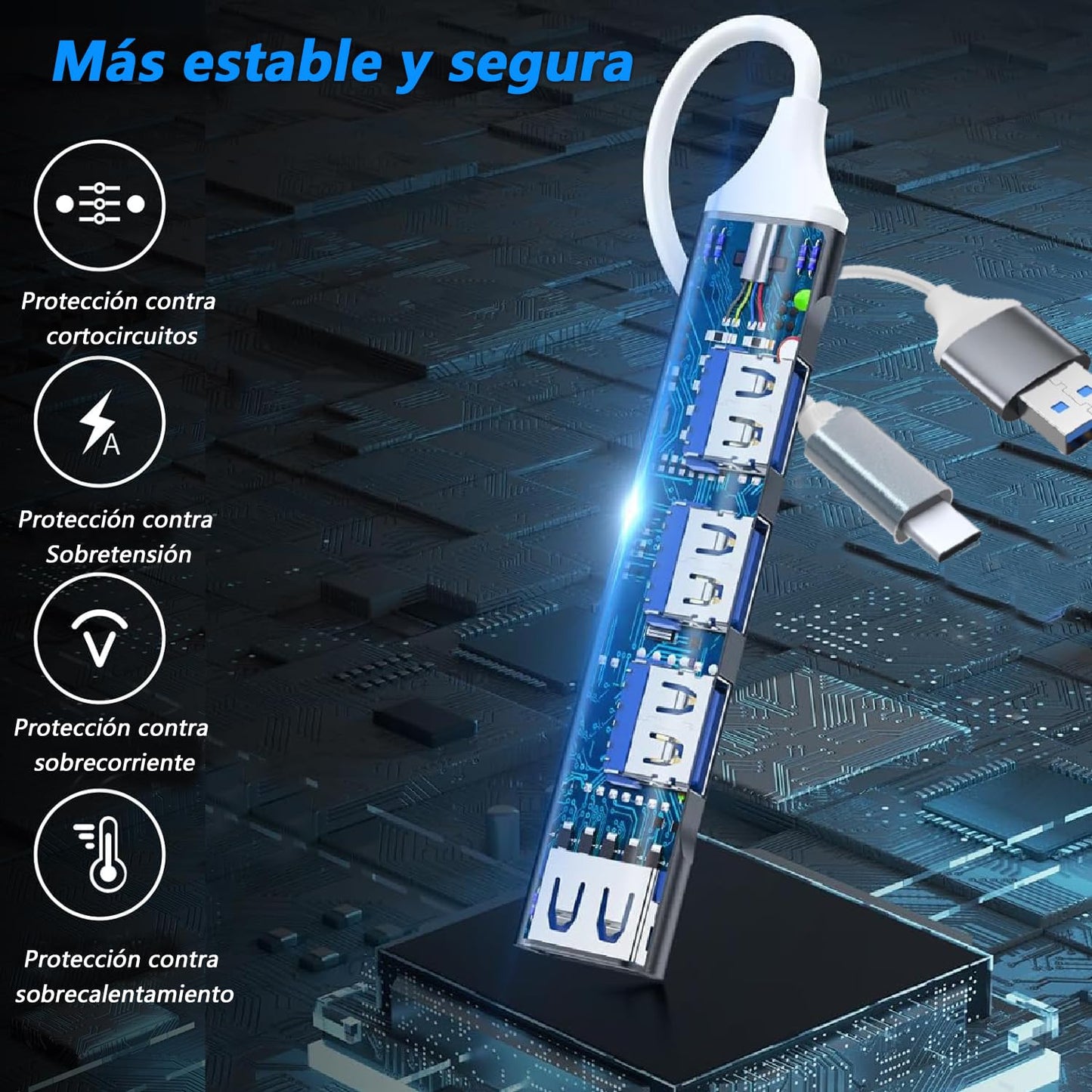 Adaptador USB C 4 en 2 Podero Ultradelgado con Hub USB 3.0 de 4 Puertos en USB A