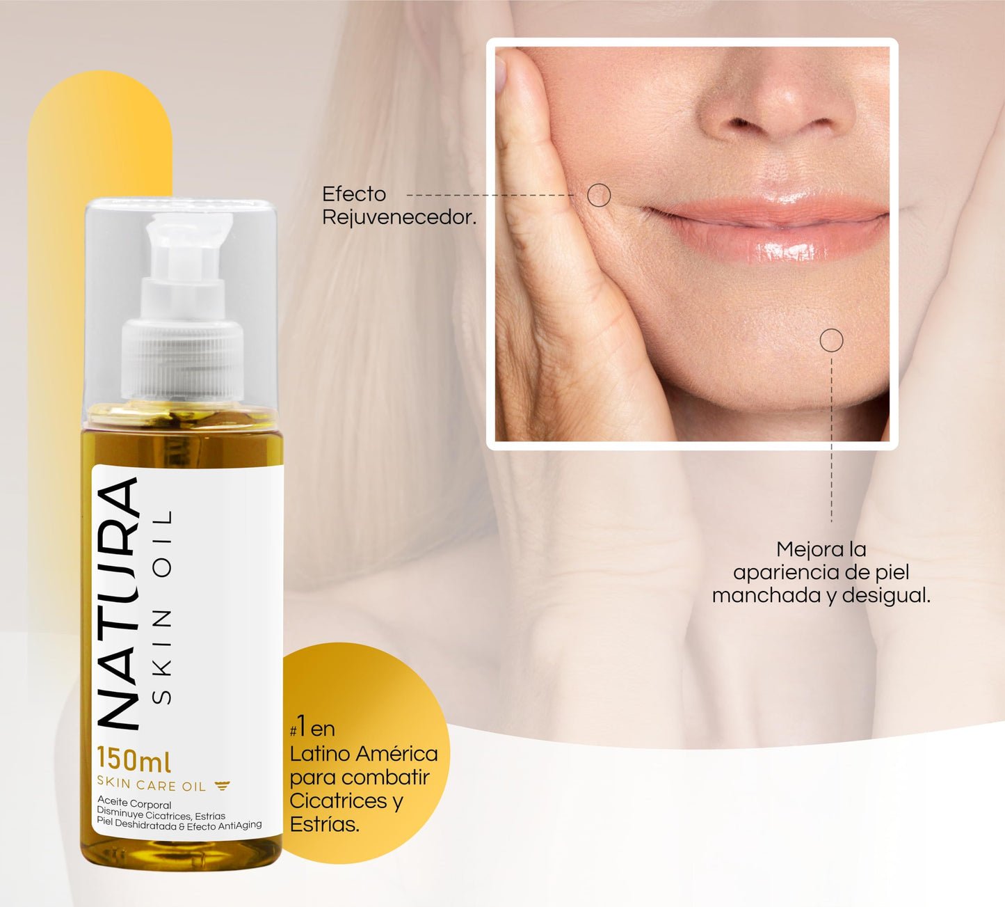 Rouge Co. Aceite Corporal Anti Estrías y Cicatrices Skin Care Reafirmante, No es Grasoso, Hidrata y Nutre Profundamente -Natura Skin Oil 150ml.
