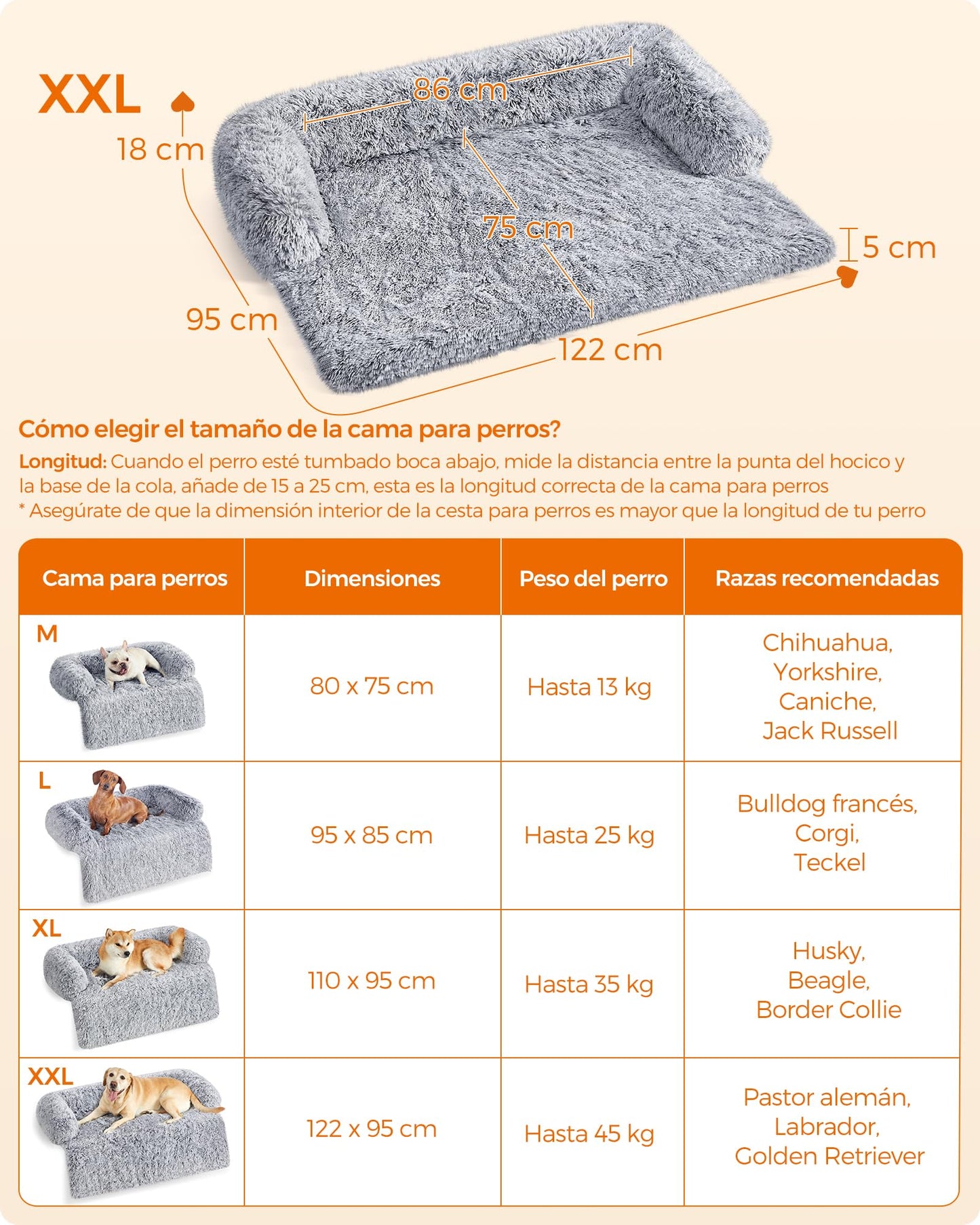Feandrea Cama para Perros, Funda Protectora para Sofá, 122 x 95 x 18 cm, Tela de Felpa, XXL, para Perros Grandes,Gris Ombré MPGW224G01