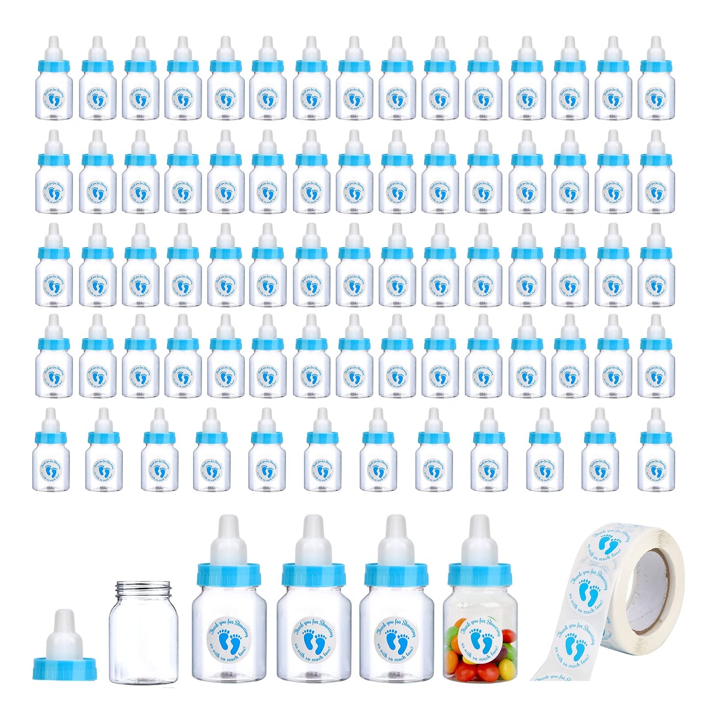 72 piezas de mini botellas de leche para baby shower, color blanco, mini biberones de plástico baratos para baby shower, recuerdos de fiesta, decoración de juegos de fiesta de baby boy shower (azul)