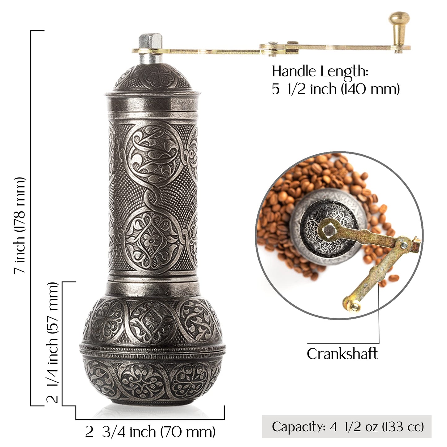 Crystalia - Molinillo de café recargable, auténtico molino manual con molinillo ajustable, molino de café antiguo con manivela, grosor ajustable