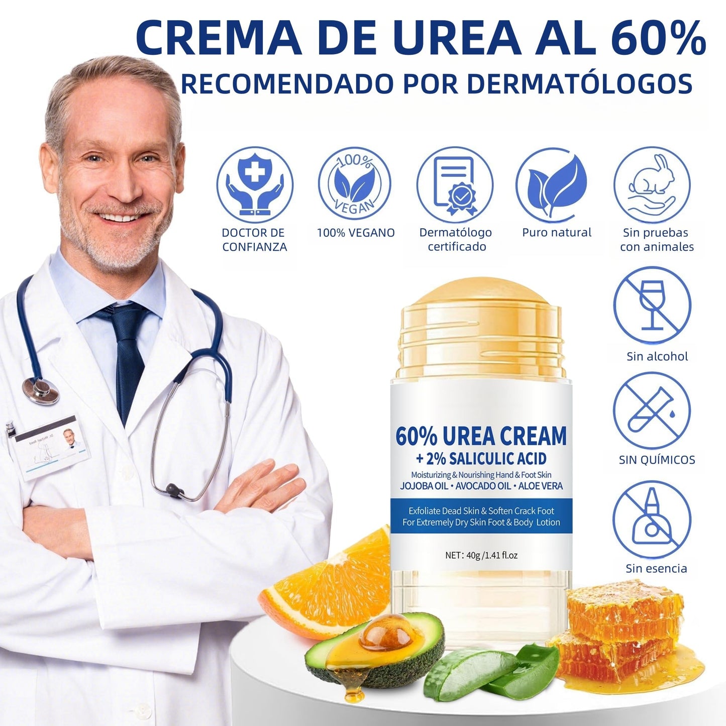 Crema Hidratante con Urea 60 para Pies, Manos y Codos - Exfoliante para Piel Seca, Agrietada y Callosidades (40g)