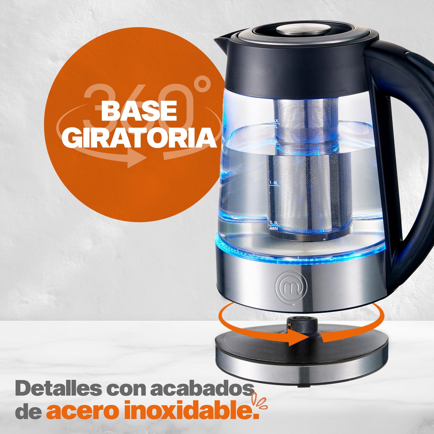 Hukën x Masterchef | Tetera eléctrica Fuse+ | Hervidor eléctrico | Tetera de vidrio | Infusor Removible | Tetera de acero inoxidable Base Giratoria | 1.7 litros