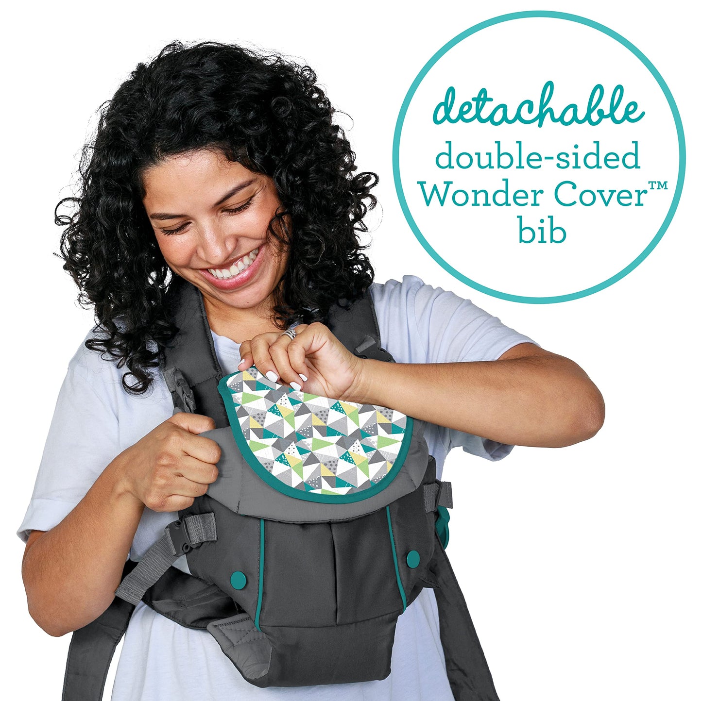 Infantino Swift - Portabebés clásico con bolsillo, 2 maneras de llevar gris con babero Wonder y bolsillo frontal de almacenamiento esencial, correa trasera ajustable, cara interior y exterior, material fácil de limpiar