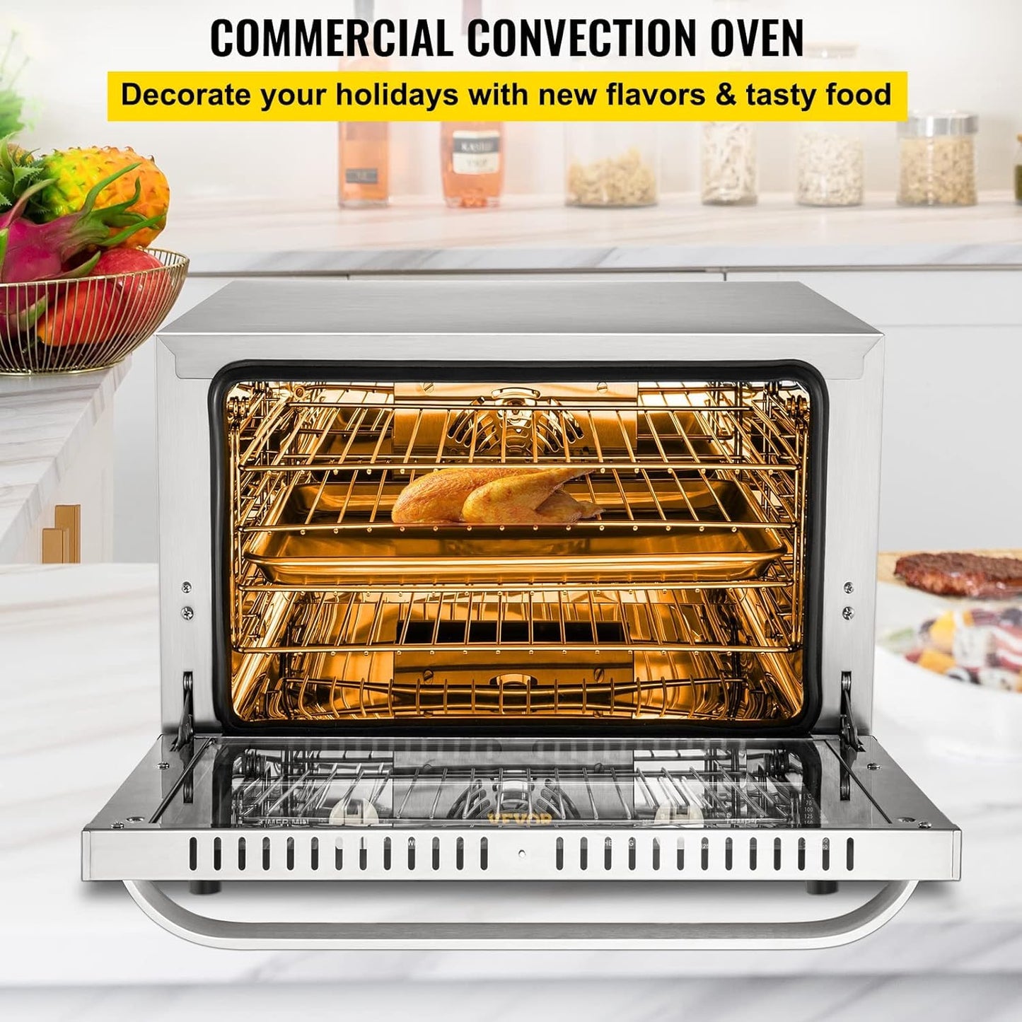 VEVOR - Horno de convección comercial, 66 L/60 cuartos de galón, encimera de horno convencional de tamaño medio, tostador de 4 niveles de 1800 W con puerta frontal de vidrio, con bandejas de alambre,