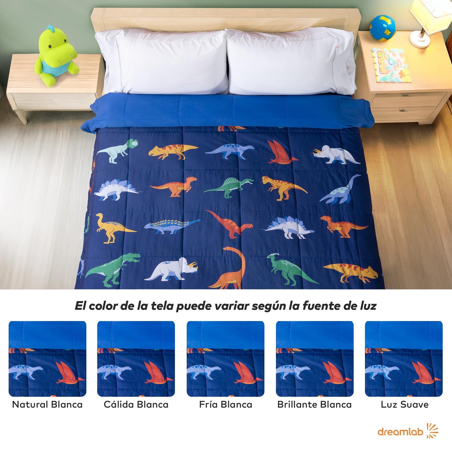 Dreamlab Edredón Ligero Infantil Reversible Hipoalergénico. Colcha Rellena de Microfibra Suave. Diseño para niño, niña o bebé. 1 Pieza. Dinosaurio, Azul (Individual/Matrimonial 195 x 223cm)