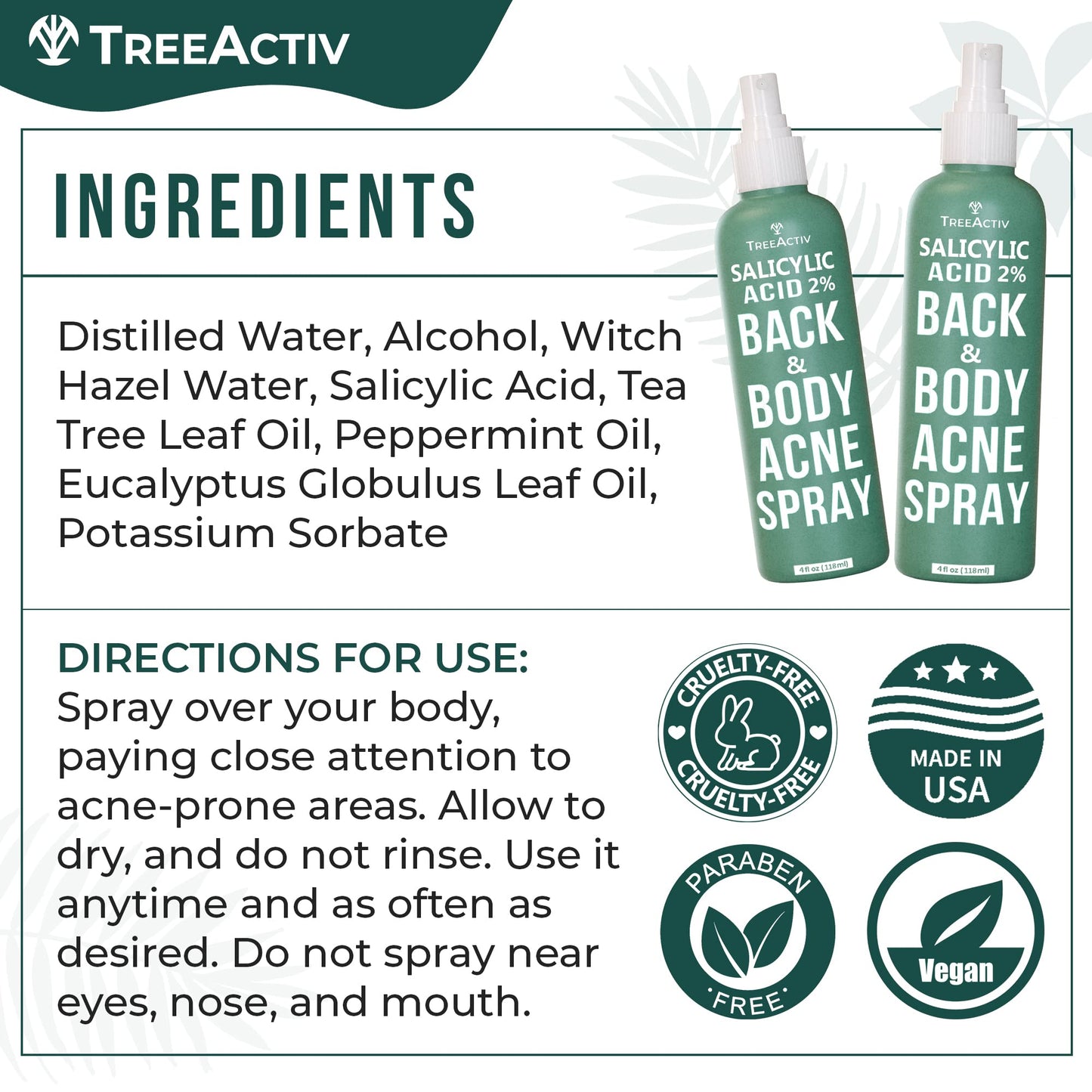 Spray de Ácido Salicílico TreeActiv para Espalda y Cuerpo Solución Eficaz Corporal en Mujeres y Hombres Fórmula de Secado Rápido con Aceite de Árbol de Té, 2 Frascos de 120ml