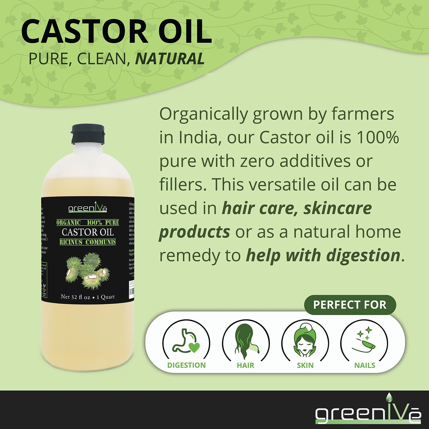 GreenIVe - 100% Pure Castor Oil - Cold Pressed - Hexane Free - Exclusively on Amazon (3790ml ( 3.8l))