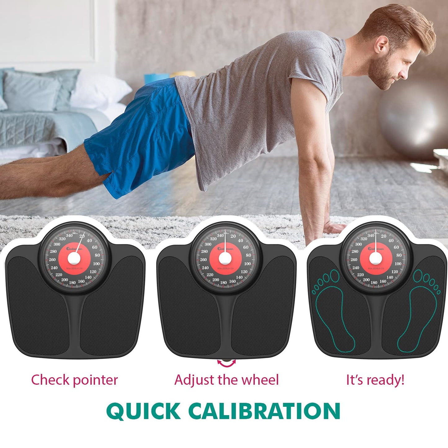 Adamson - Báscula A23 para peso corporal, hasta 350 libras, nueva versión, superficie de goma antideslizante, números extra grandes, báscula de baño de alta precisión, analógica, duradera con garantía