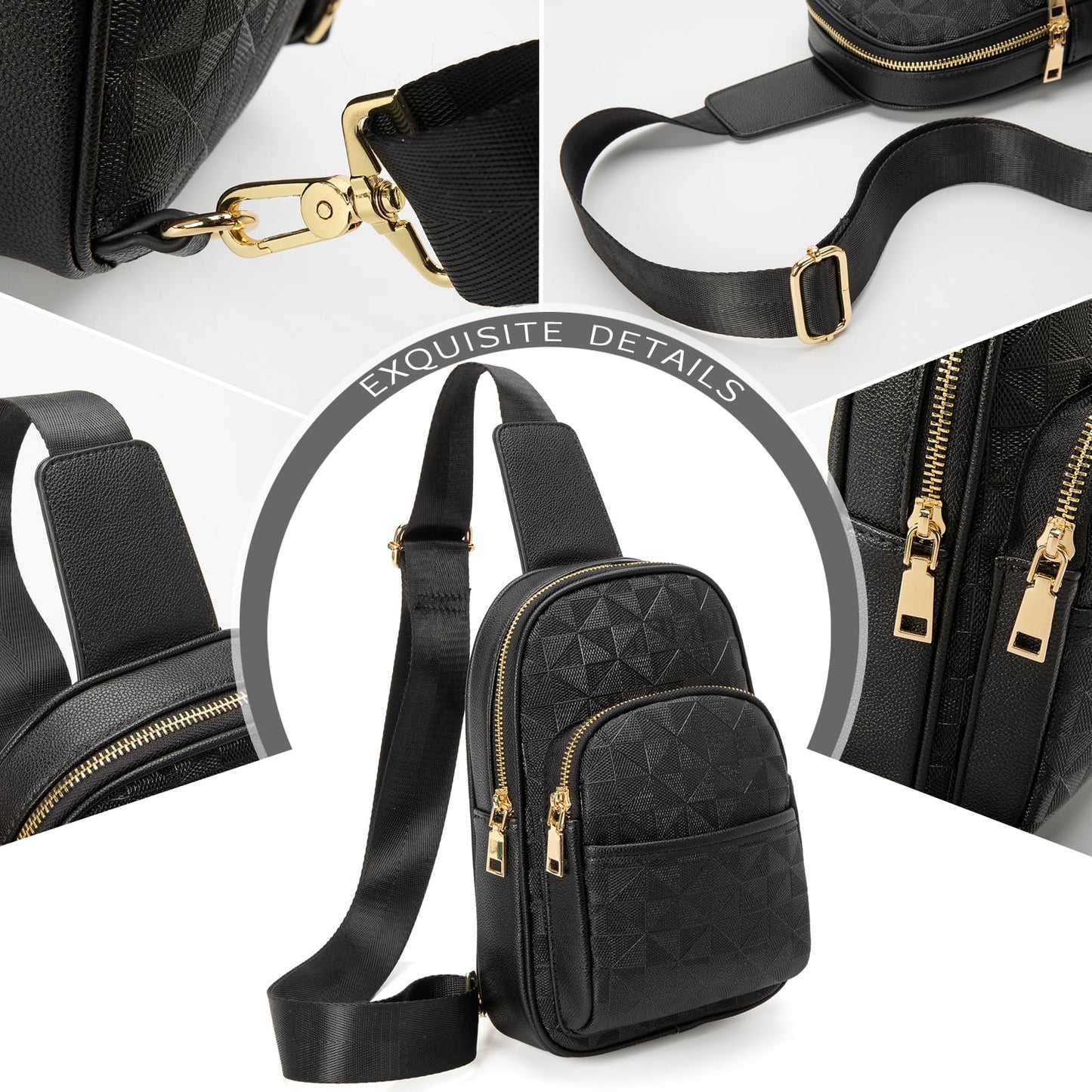 Anck Riñonera Bandolera para Mujer, Bolso Pequeño en el Pecho, Diseño a Cuadros, 996-G-YH-Negro, Estilo Casual, Moda Relajada