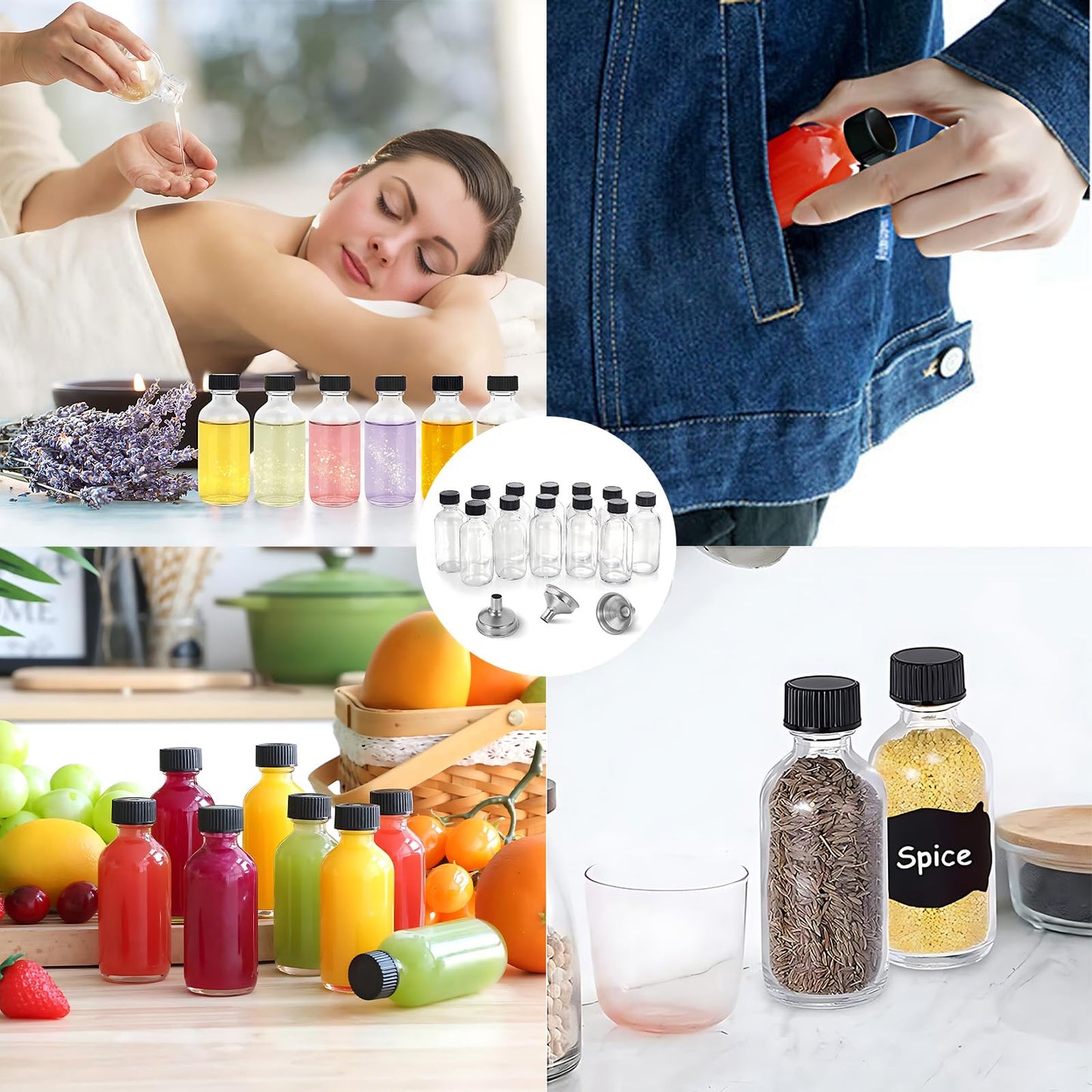Botellas de vidrio redondas Boston, paquete de 24 botellas pequeñas de vidrio de 2 oz (60 ml) con tapas y embudos de acero inoxidable para jugo, aceite y whisky, de cocina, de viaje y reutilizables