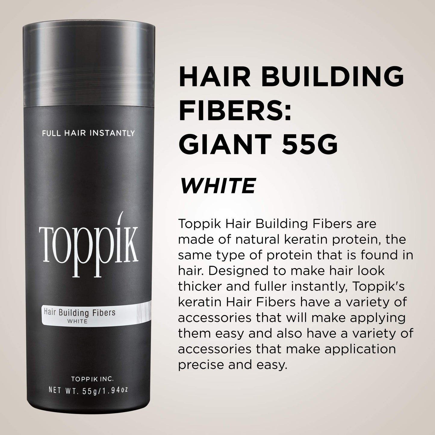 TOPPIK Hair Building Fibers, White, 1.94 oz.