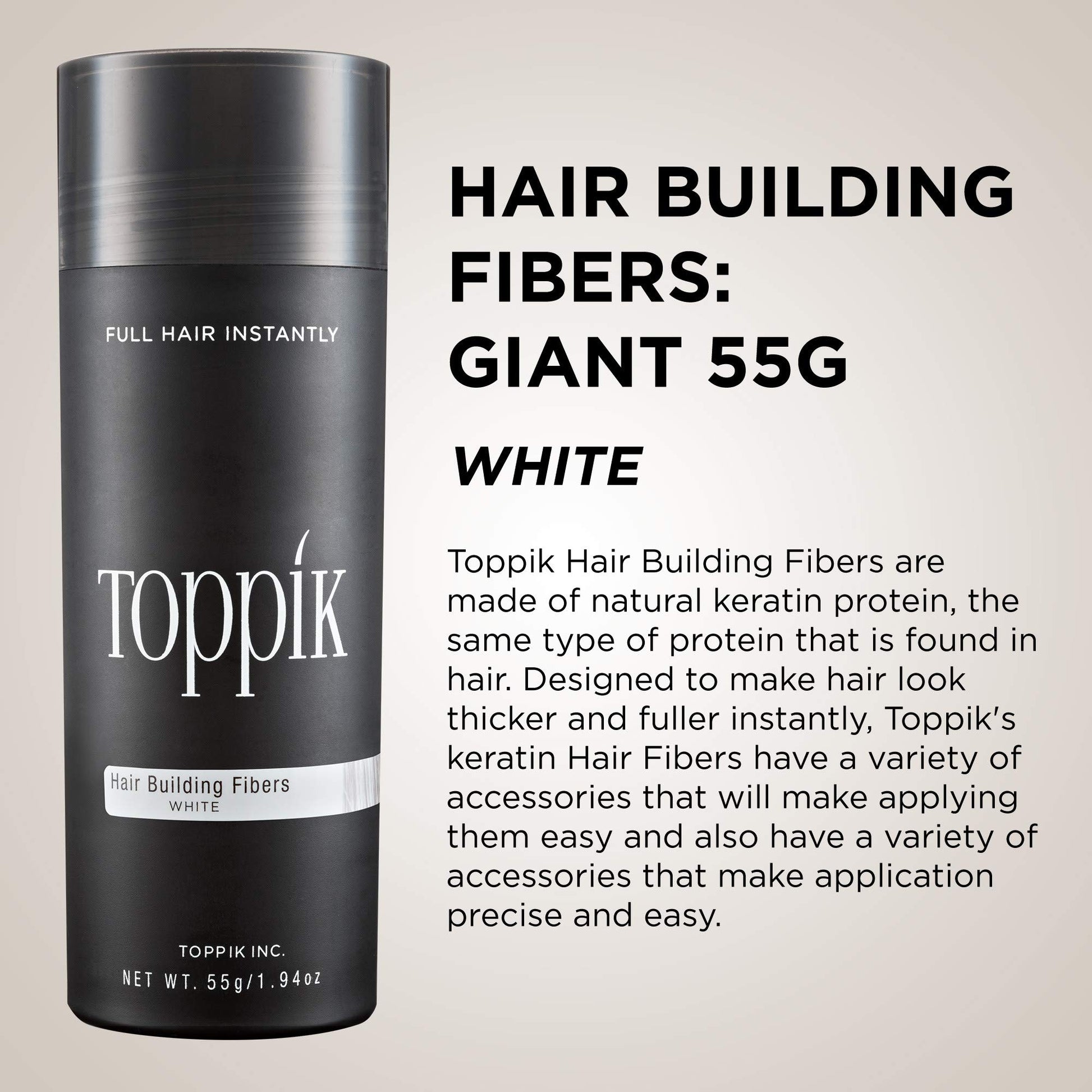 TOPPIK Hair Building Fibers, White, 1.94 oz.