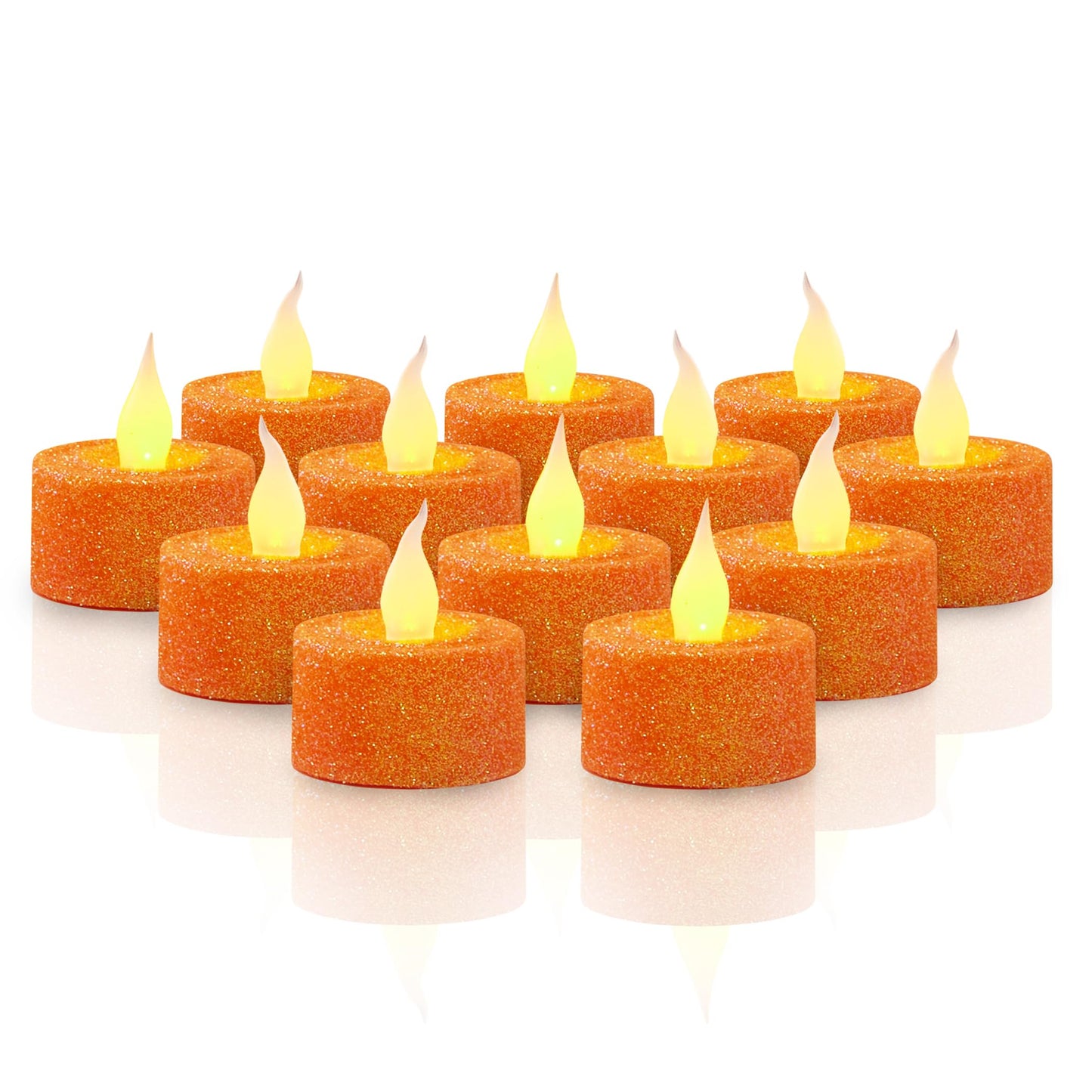 FURORA LIGHTING - Velas LED con purpurina naranja, paquete de 12, velas parpadeantes sin llama para decoración del hogar, 1.5 pulgadas de ancho x 1.65 pulgadas de alto, funciona con pilas
