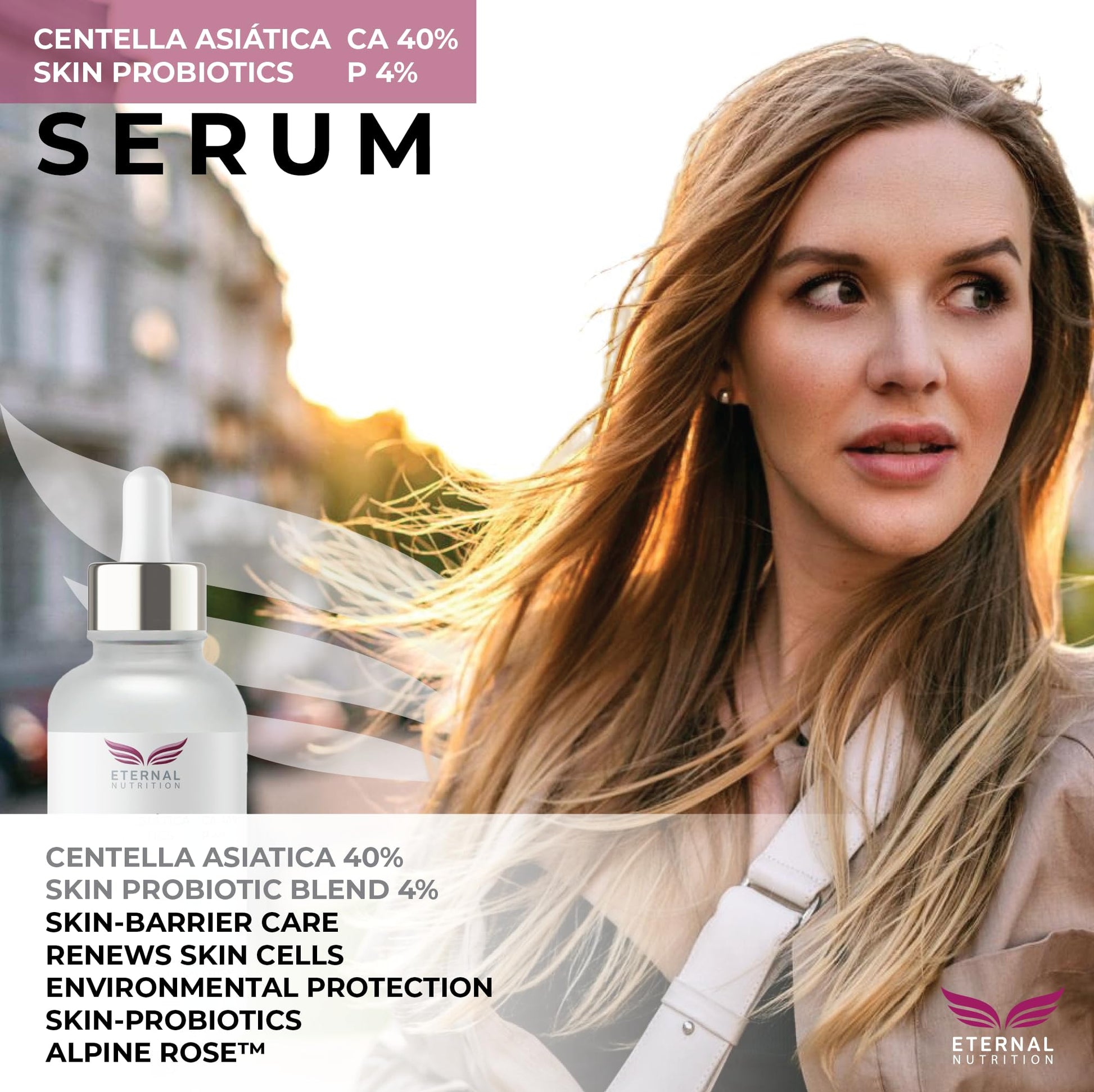 Serum CENTELLA ASIATICA 40%, Skin Probiotics 4%. 50 ml. Suero Protector y Regenerador de Células | Ingredientes Naturales | Skin Care | Piel Sana y Joven Uniforme | Textura Ligera | Para Todo Tipo de Piel by ETERNAL NUTRITION