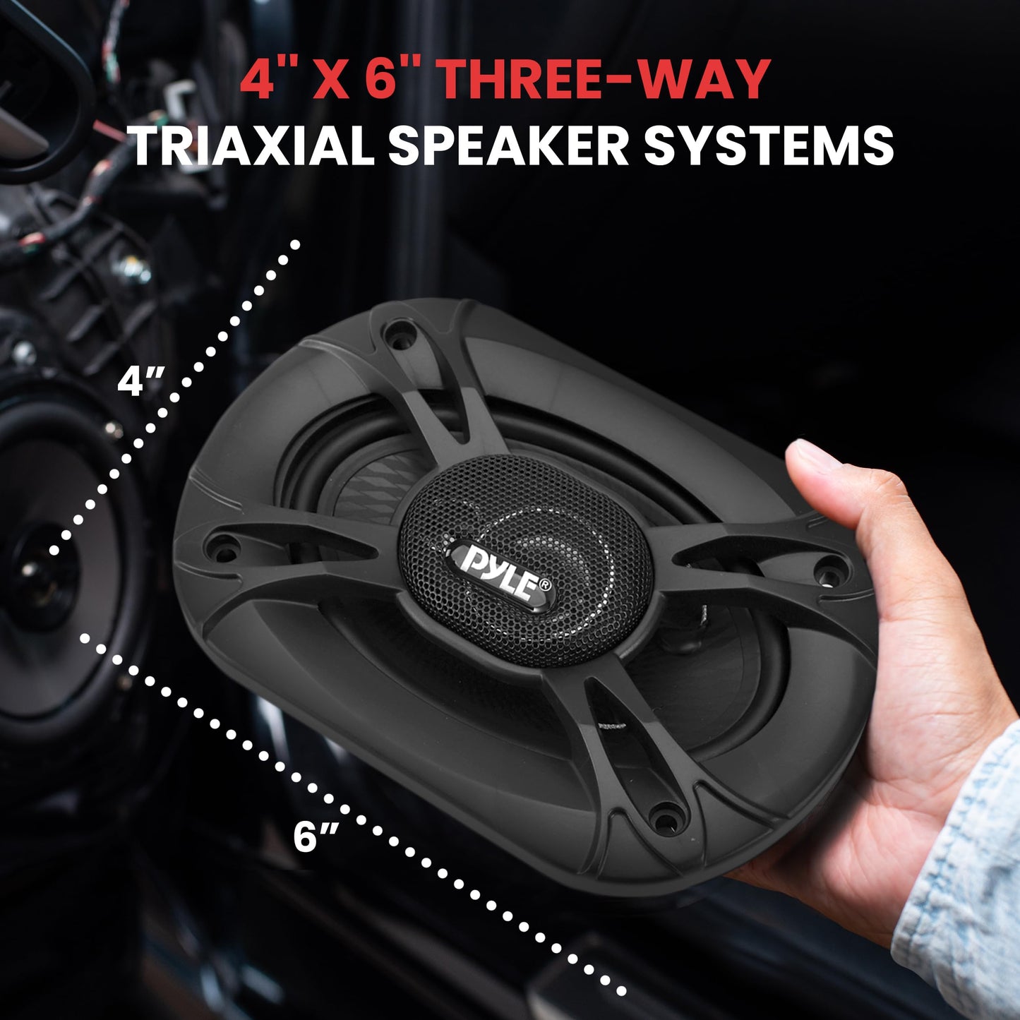 Pyle Altavoces estéreo universales para coche de 3 vías, 300 W, 4 x 6 pulgadas, triaxiales de audio profesional, altavoz universal de repuesto rápido, para puerta de vehículo/panel lateral, compatible con PL4163BK (par)