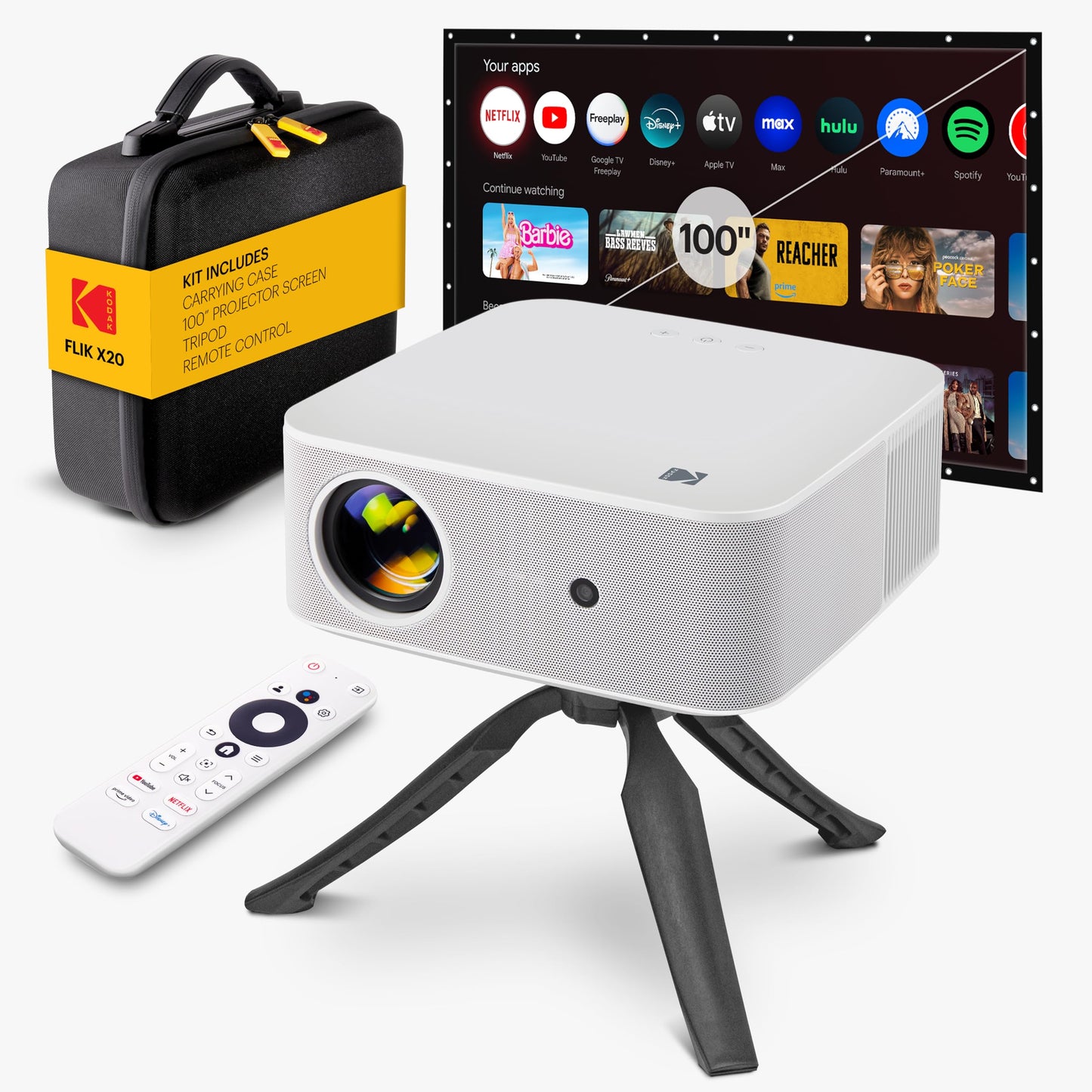 Kodak Flik X20 1080p Smart TV Proyector Kit con 300 ANSI LED, Auto-Focus & Keystone, HDR10 – Cine en casa portátil con funda EVA negra, trípode, visualización de 100 pulgadas, cable HDMI, control