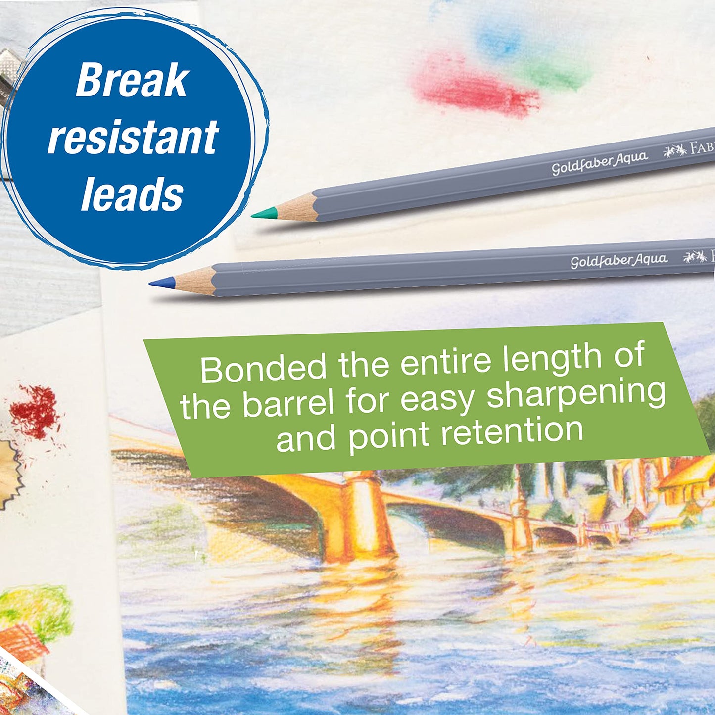 Faber-Castell Colores Goldfaber Acuarelables Para Arte con 48 Distintos Colores, estos lápices acuarelables permiten crear dibujos detallados como efectos acuarelados teniendo una experiencia creativa