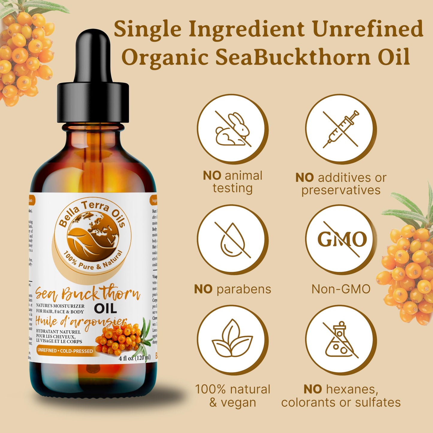 NEW Sea Buckthorn Oil. 4oz. Cold-pressed. Unrefined. Organic. 100% Pure. Non-comedogenic. Hexane-free. Relieves Symptoms of Eczema, Psoriasis, Acne. Natural Moisturizer. For Hair, Skin, Stretch Marks.