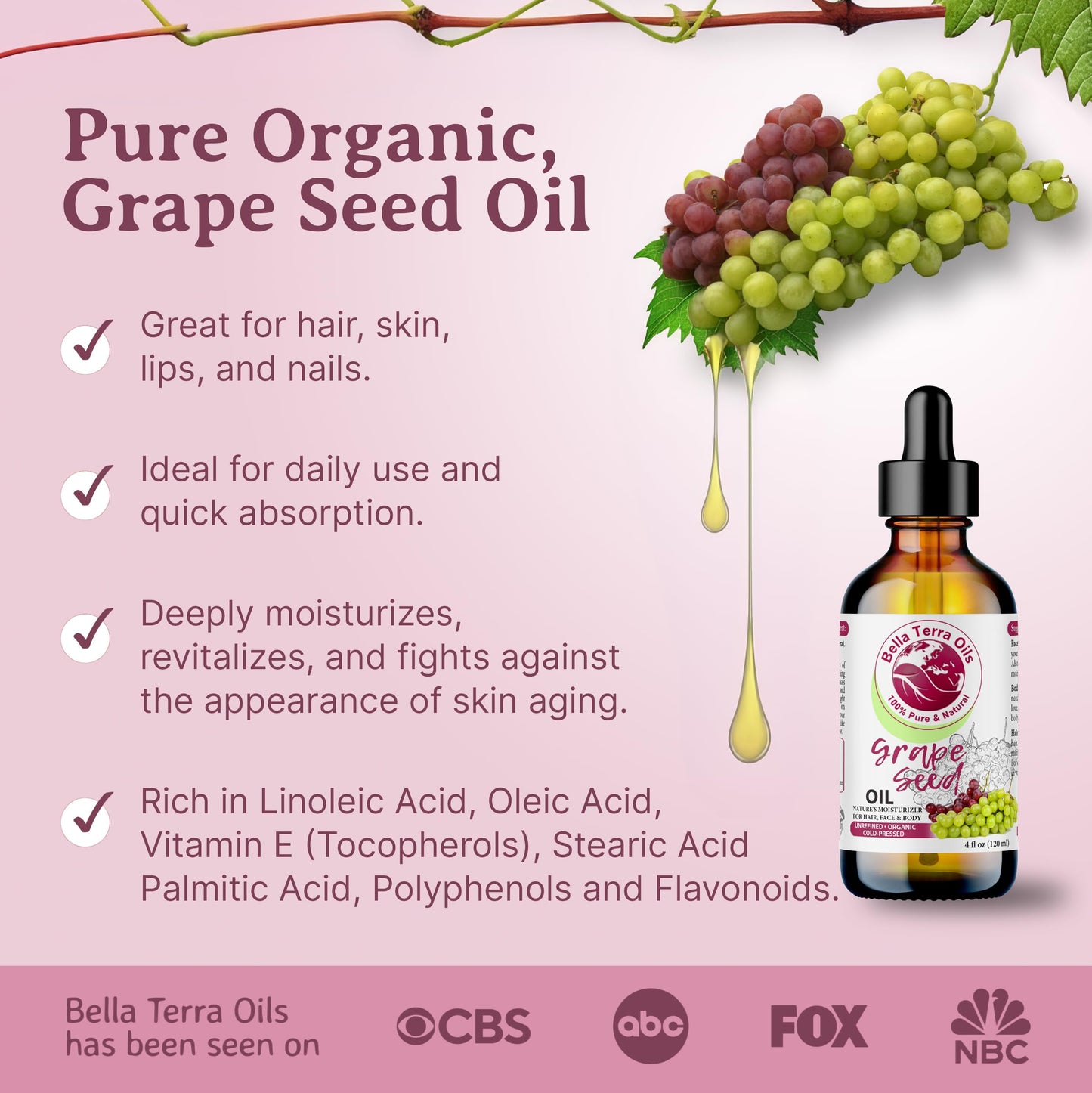 NEW Grape Seed Oil. 4oz. Cold-pressed. Unrefined. Organic. 100% Pure. Rich in vitamins. Hexane-free. Rejuvenates Skin. Softens Hair. Natural Moisturizer. For Hair, Skin, Nails, Beard, Stretch Marks.