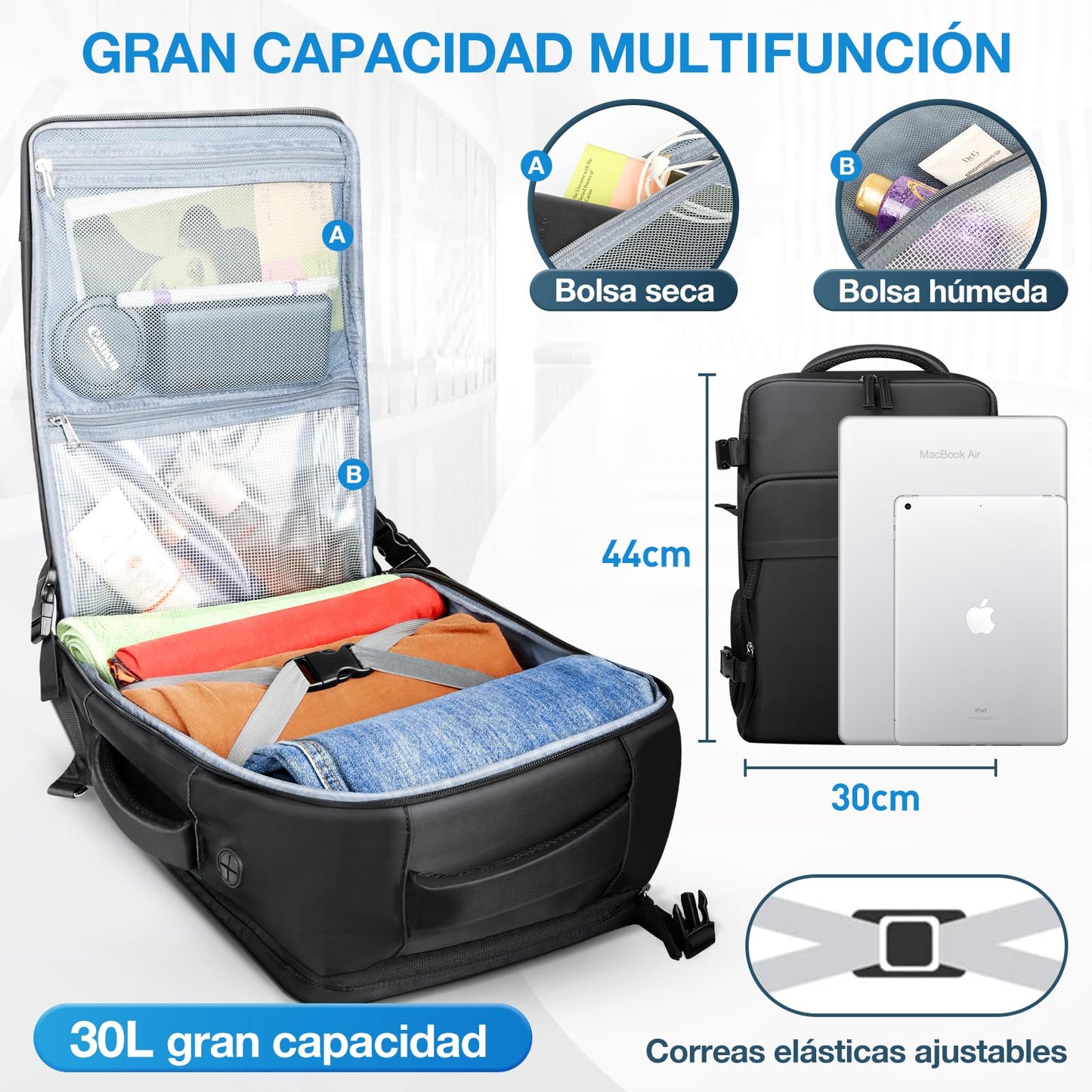 Mochila de Viaje Multifuncional Expandible Impermeable Gran Capacidad Negro