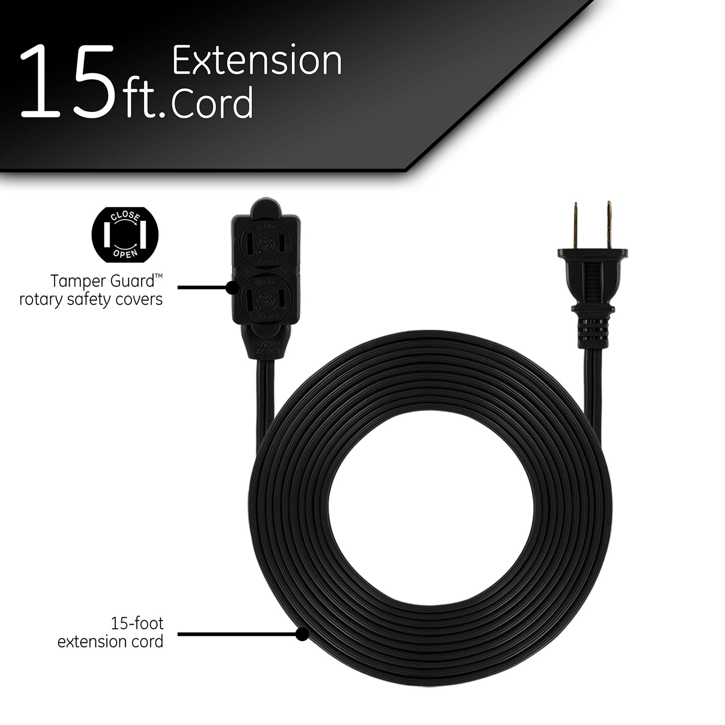 GE 45154 - Cable de extensión de 3 salidas con múltiples tomas, cable de extensión de 15 pies, tira de alimentación de 2 clavijas, calibre 16, tapas de salida de seguridad de giro para cerrar