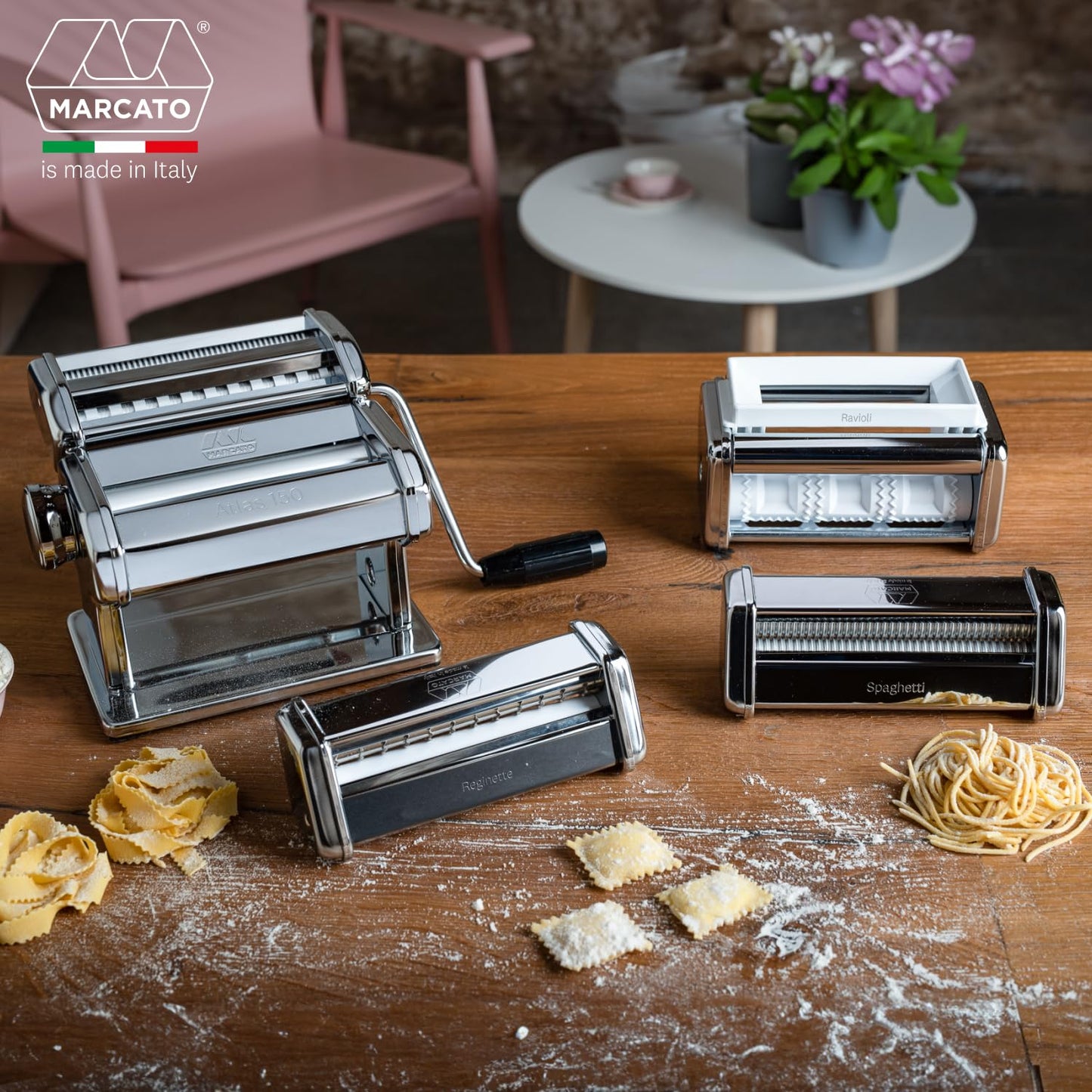 MARCATO Made in Italy Multipast Juego de 4 piezas para hacer pasta Incluye máquina de pasta clásica Atlas 150 + raviolis + espaguetis + reginette)