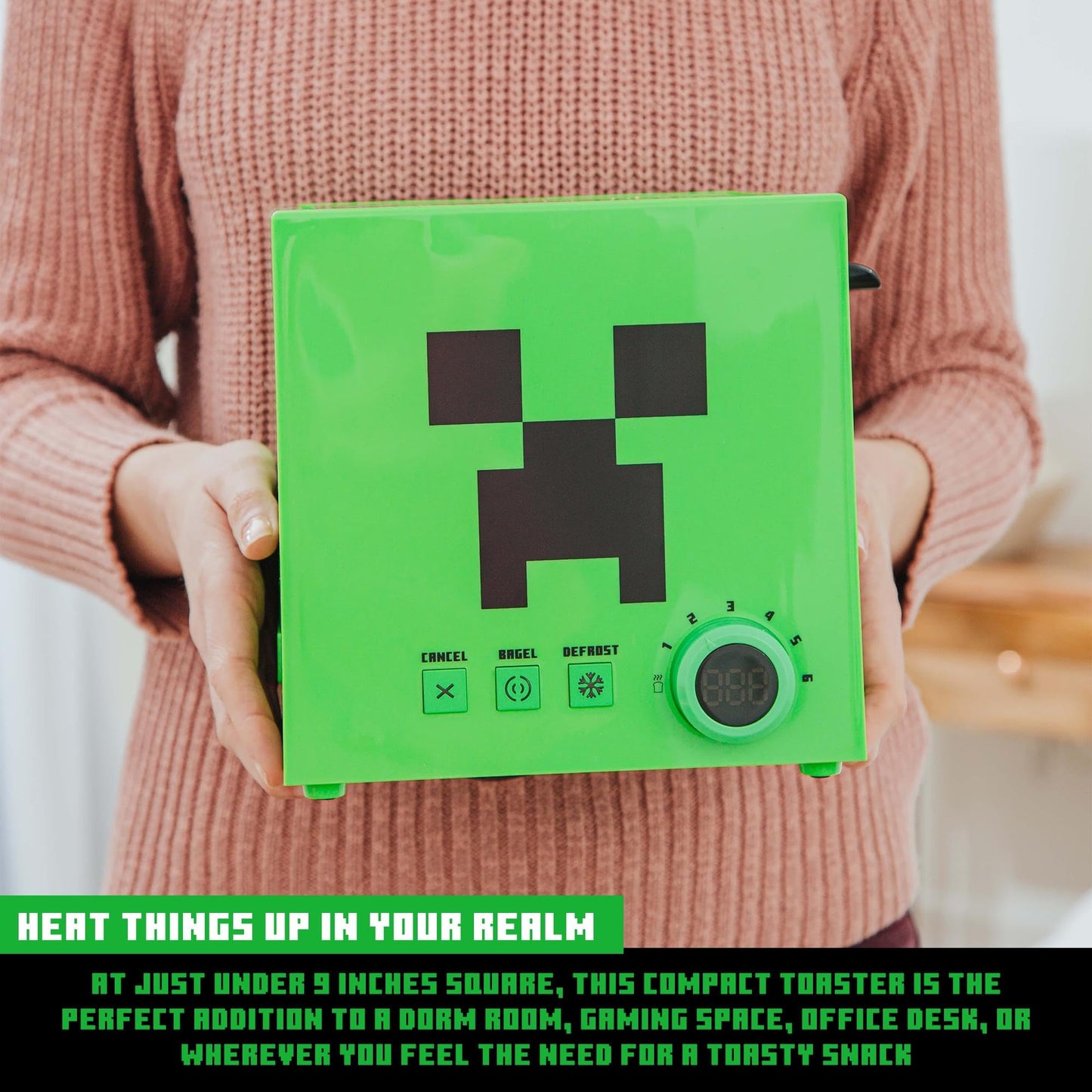 Minecraft Green Creeper Tostadora de 2 rebanadas para panecillos, gofres y panes, cuenta con 6 ajustes con opción de descongelación, símbolo de enredadera en pan