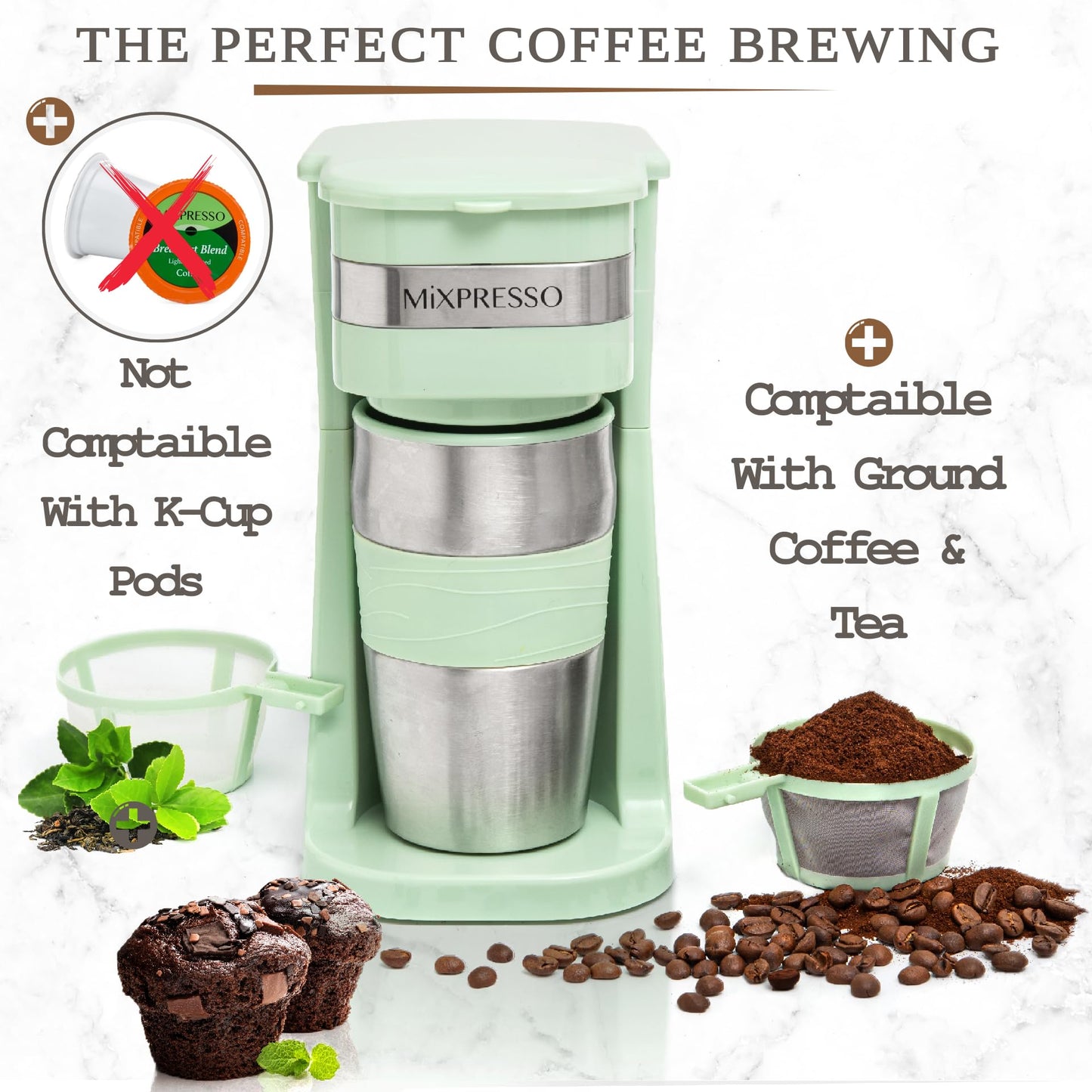 Mixpresso - Cafetera personal de una sola porción y taza de viaje de 14 onzas, cafetera de goteo y vaso, apagado automático y filtro reutilizable, cafetera verde pequeña, compatible con posos de café