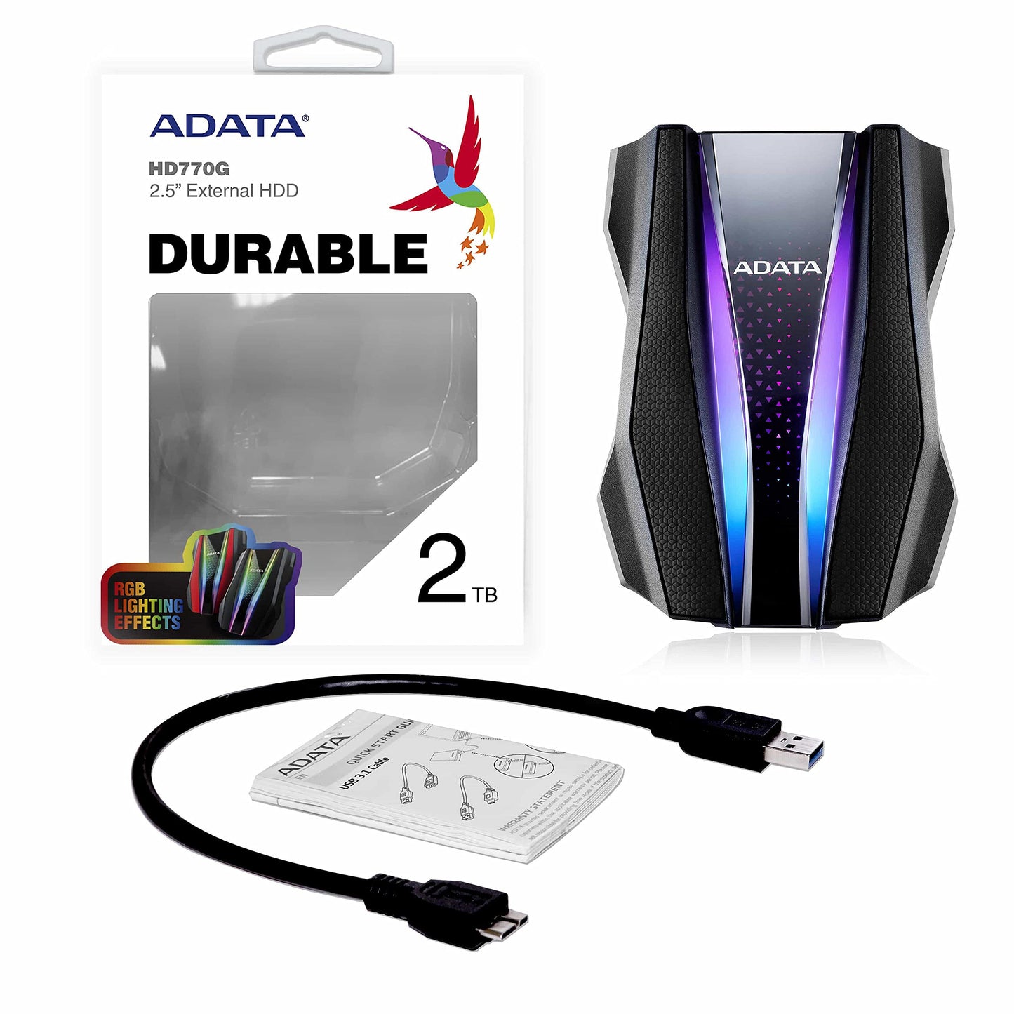 Disco Duro Externo ADATA Negro Resistente a Golpes, Agua y Polvo RGB 2 TB Certificación Grado Militar